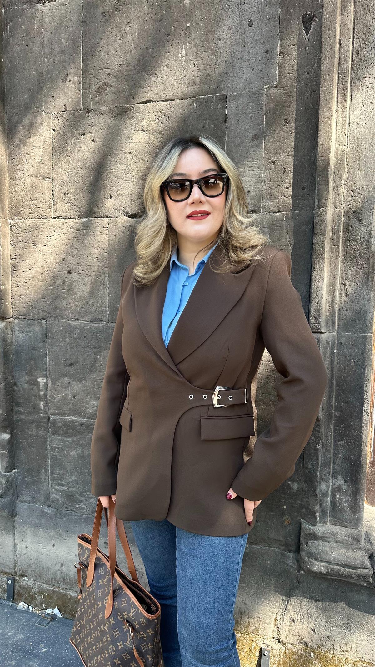 KEMERLİ KRUVAZE BLAZER CEKET ACI KAHVE