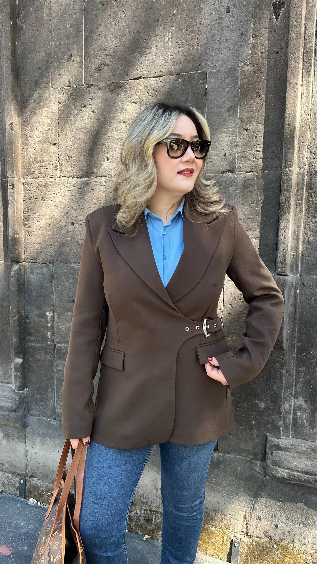 KEMERLİ KRUVAZE BLAZER CEKET ACI KAHVE