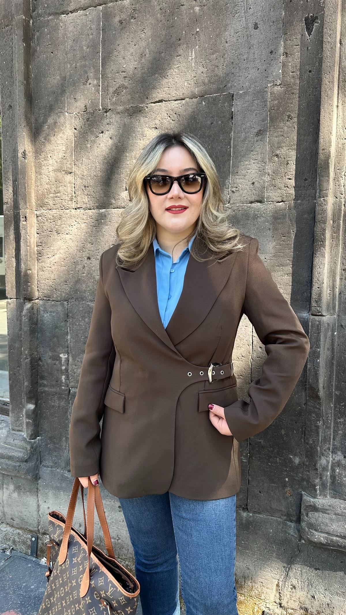 KEMERLİ KRUVAZE BLAZER CEKET ACI KAHVE