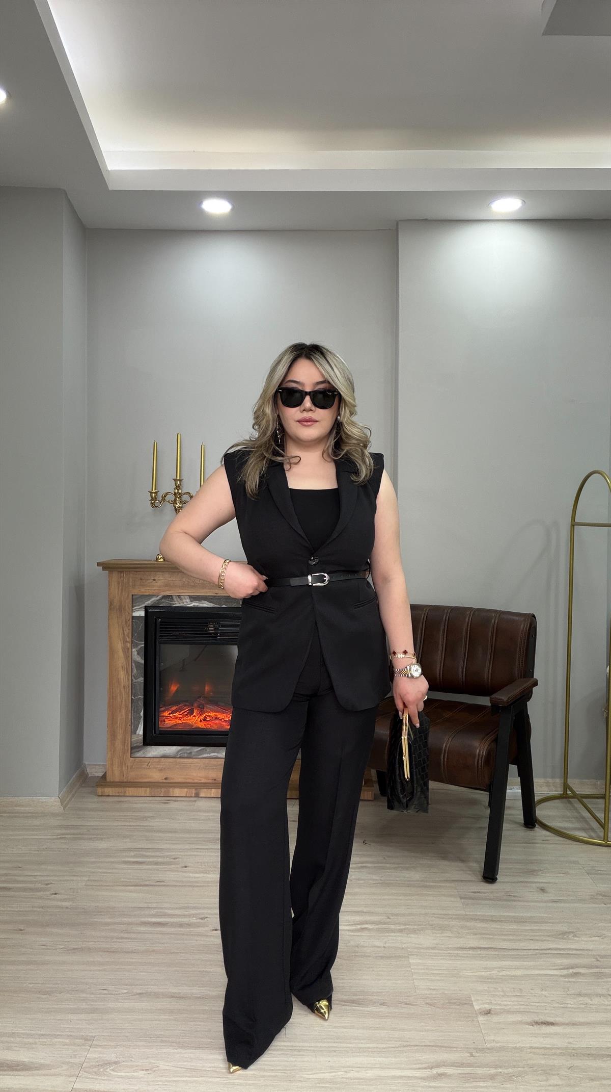 KEMERLİ YELEKLİ SİYAH TAKIM
