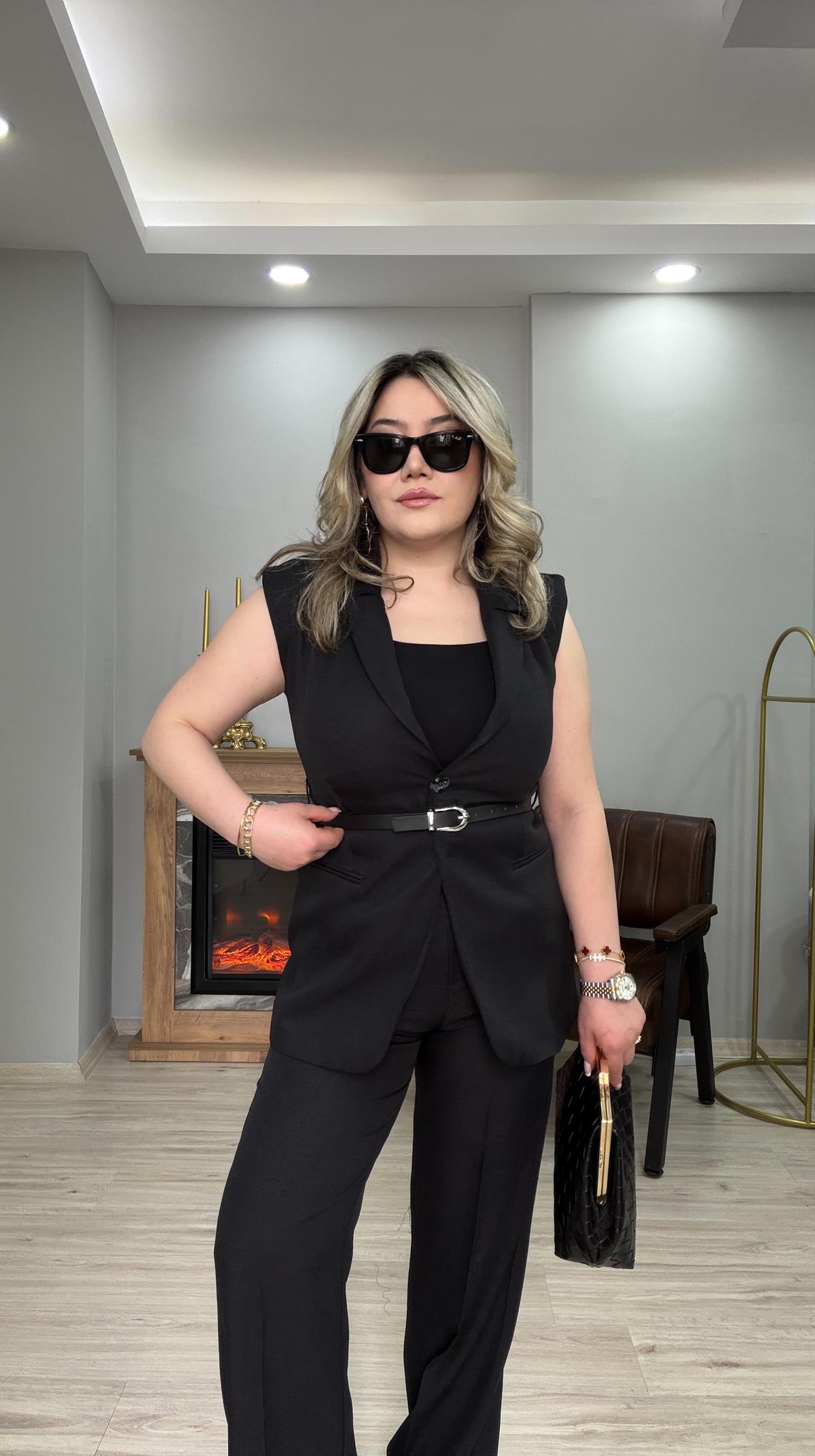 KEMERLİ YELEKLİ SİYAH TAKIM