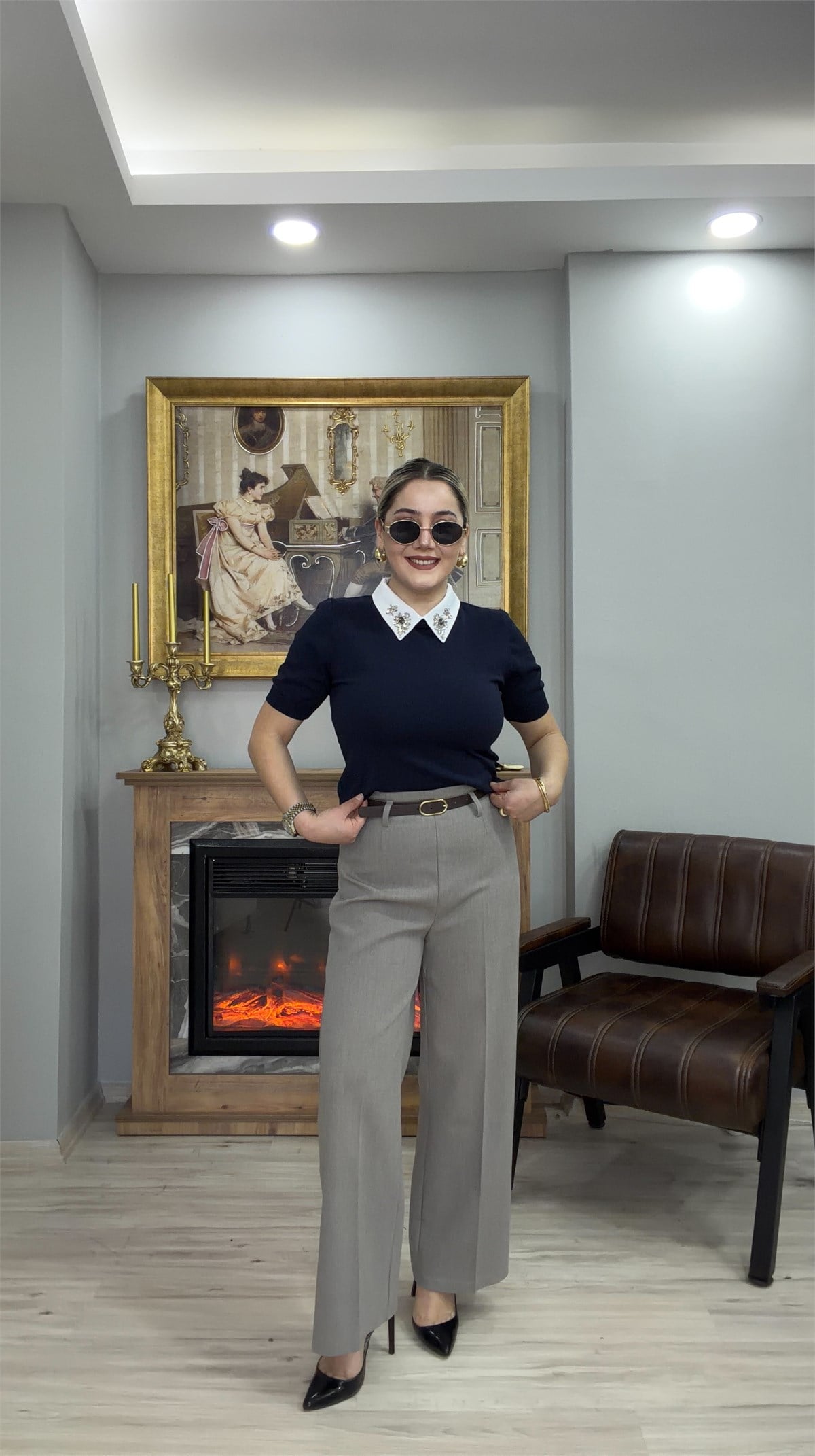 KEMERLİ YÜKSEK BEL FLARE PANTOLON GRİ