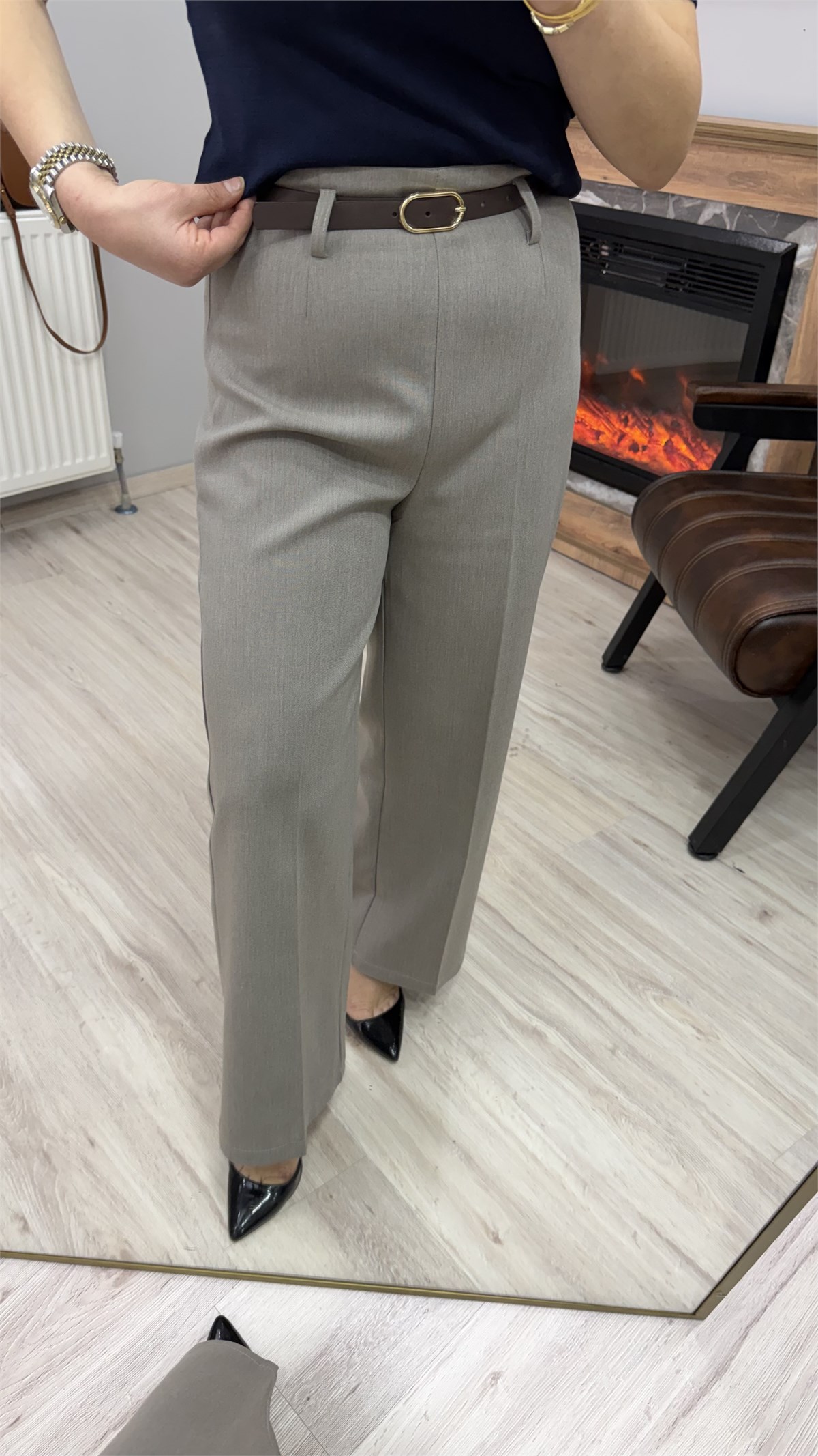 KEMERLİ YÜKSEK BEL FLARE PANTOLON GRİ