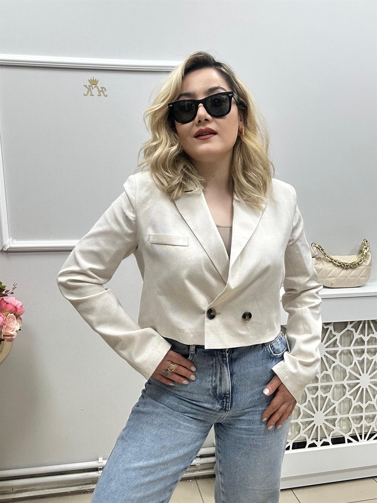 Keten Crop Ceket Taş