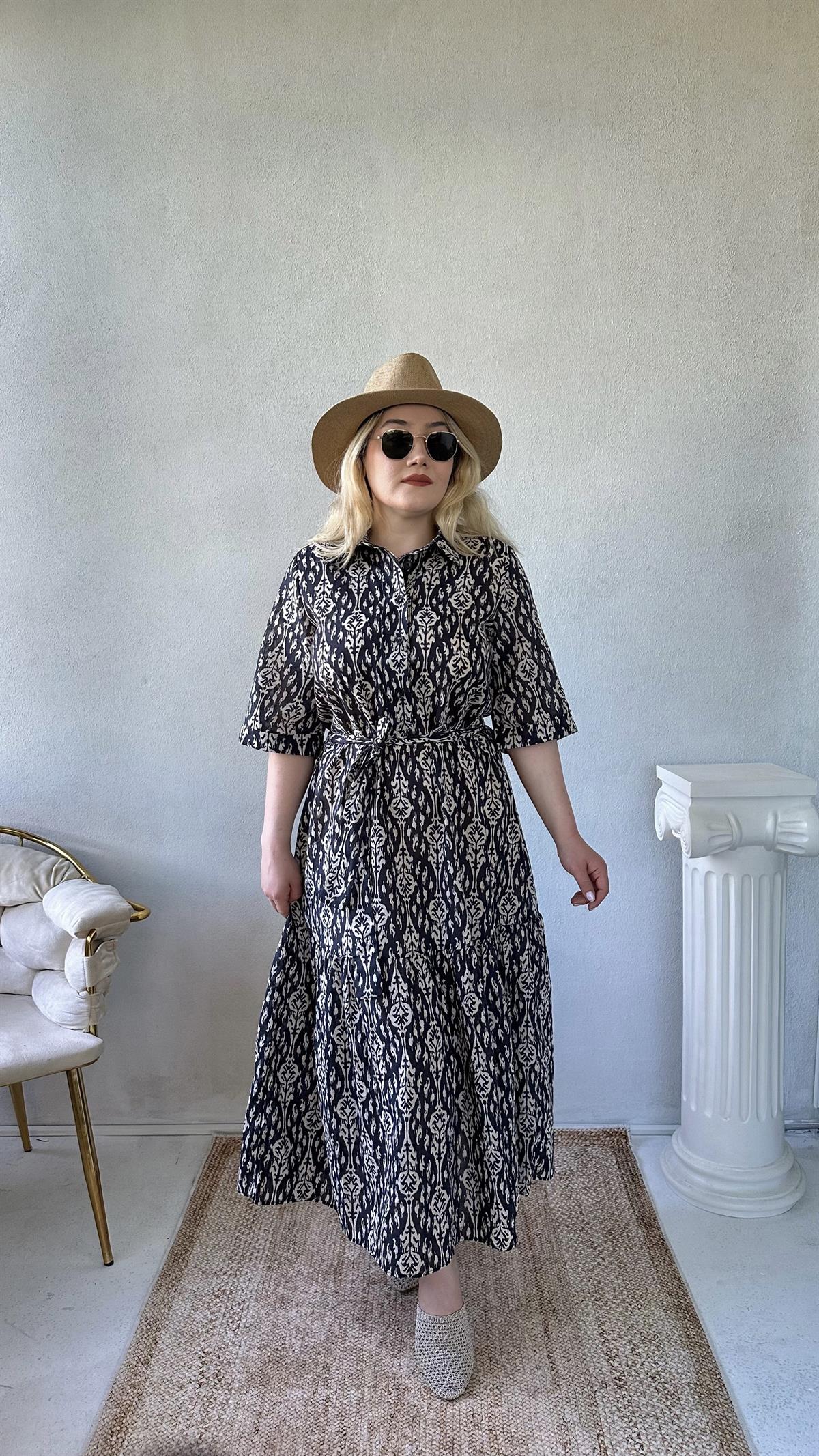 Keten Motif Desenli Maxi Elbise