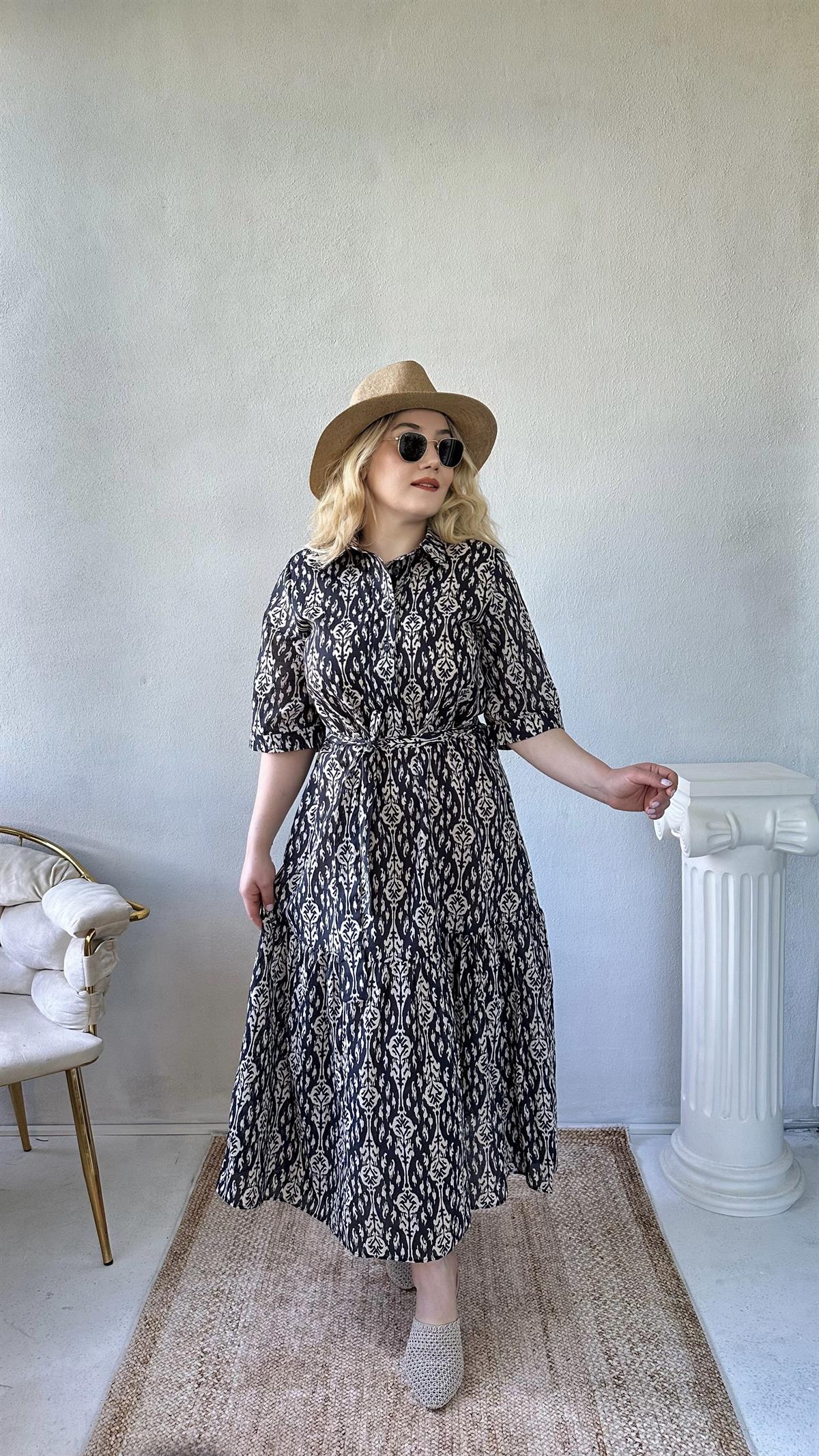 Keten Motif Desenli Maxi Elbise