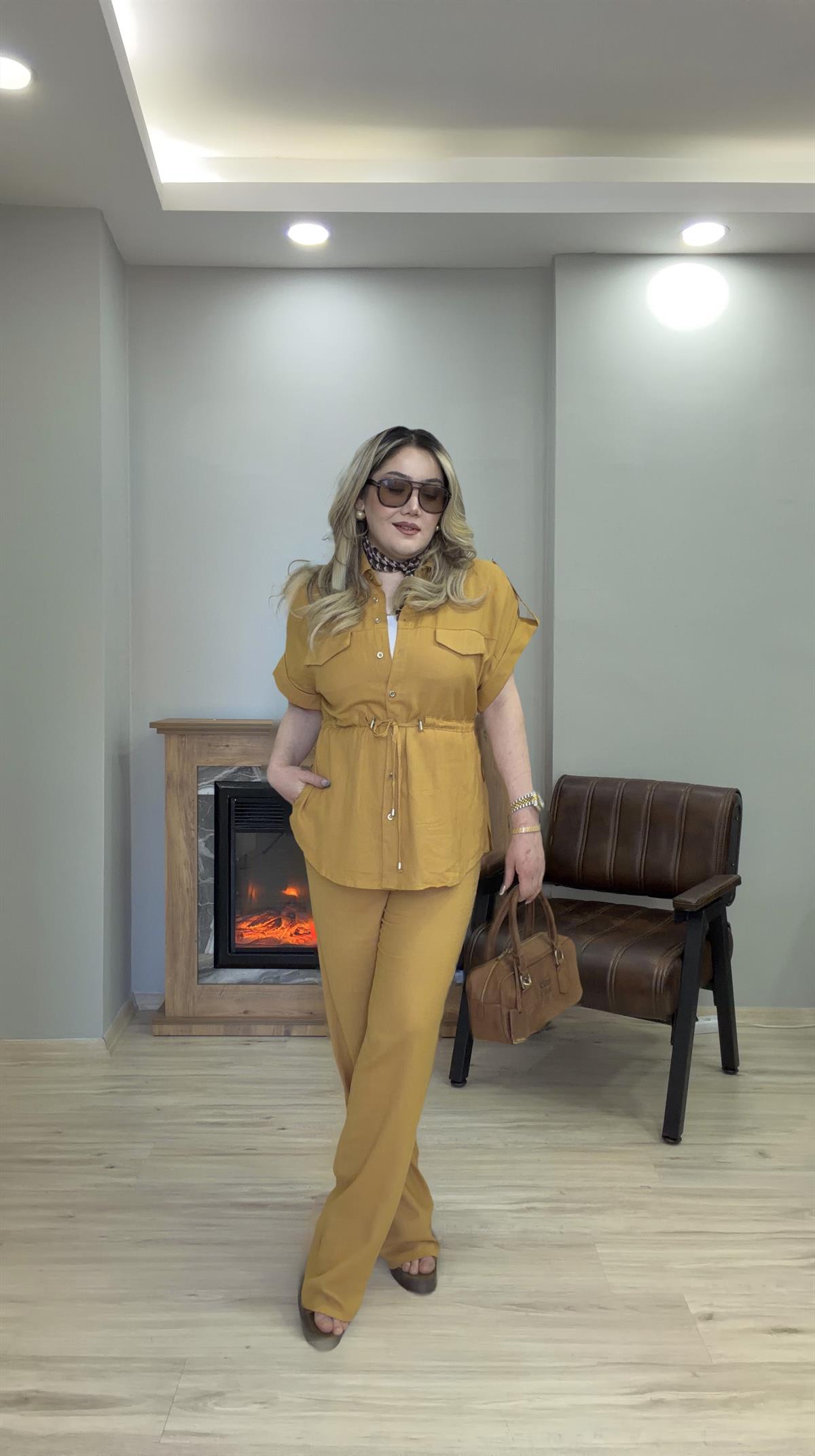 KISA KOL BELİ BÜZGÜLÜ KETEN TAKIM HARDAL