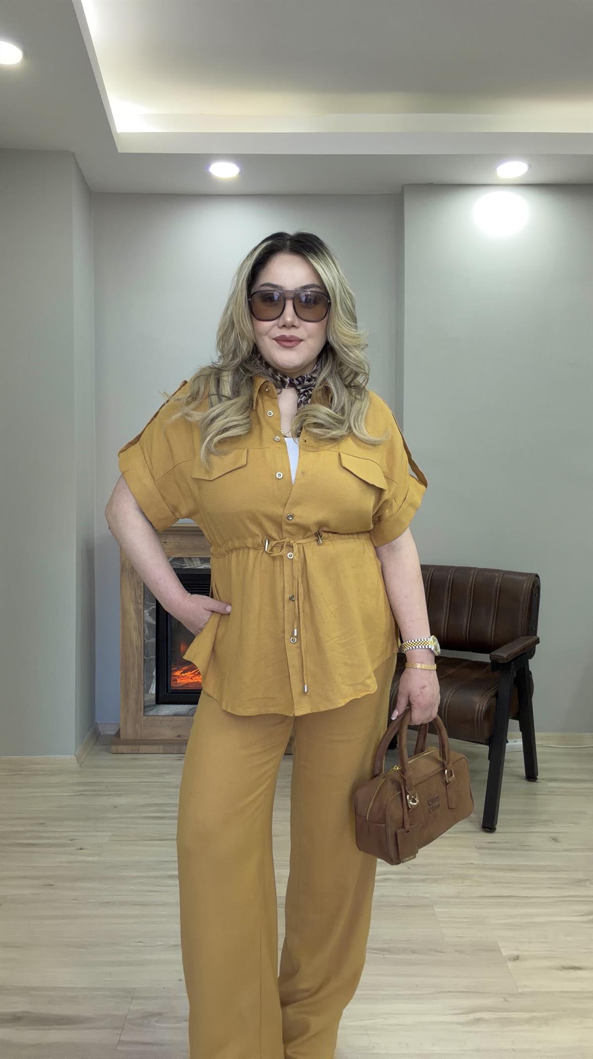 KISA KOL BELİ BÜZGÜLÜ KETEN TAKIM HARDAL