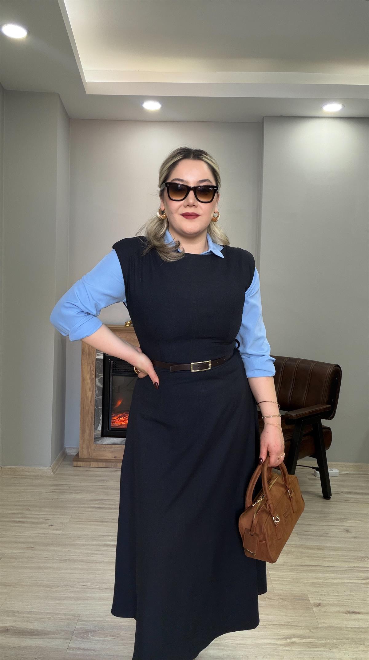 KISA KOL KEMERLİ EKOSE ELBİSE LACİVERT