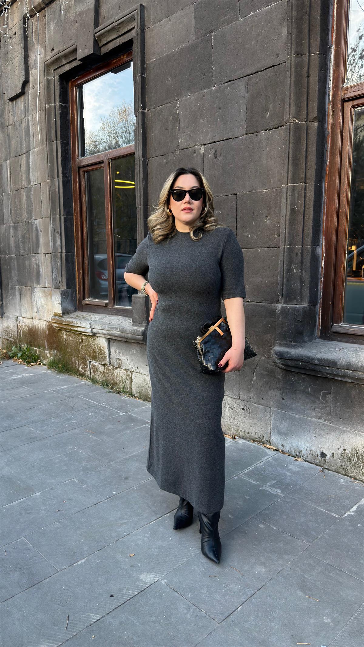 KISA KOL TRİKO ELBİSE ANTRASİT 