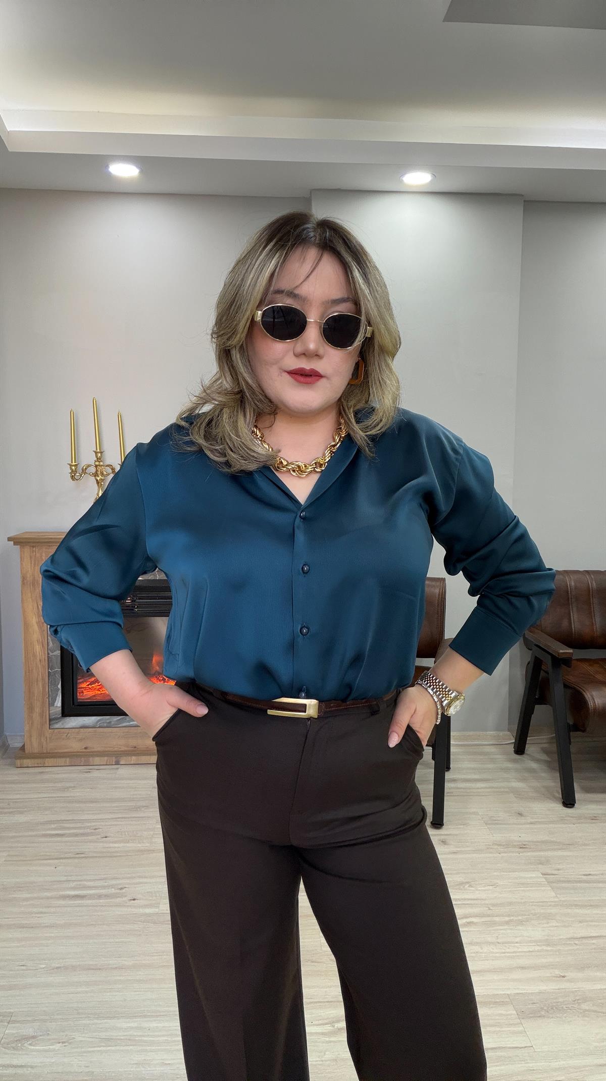 KLASİK SATEN GÖMLEK PETROL