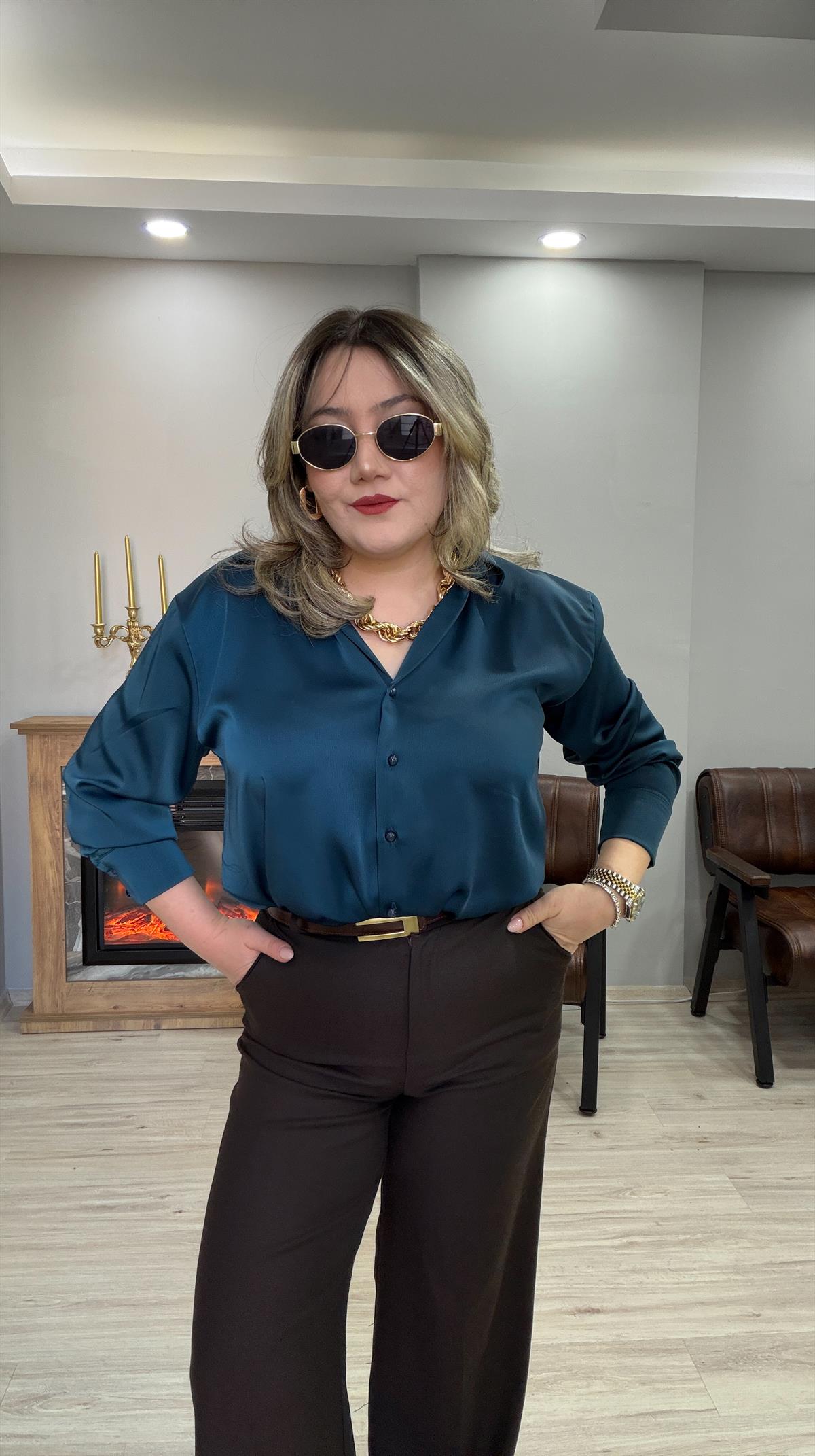 KLASİK SATEN GÖMLEK PETROL