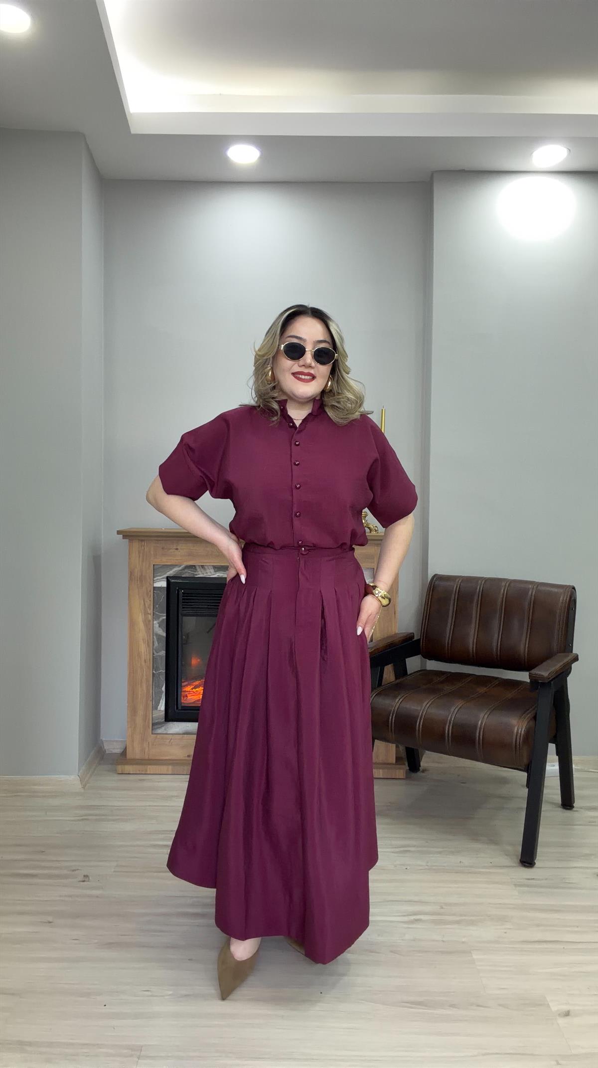 KLOŞ ETEK GÖMLEK TAKIM BORDO