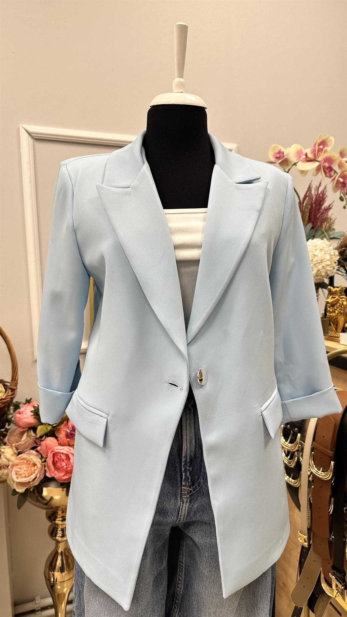KOL DÜĞME DETAYLI BLAZER CEKET BUZ MAVİ