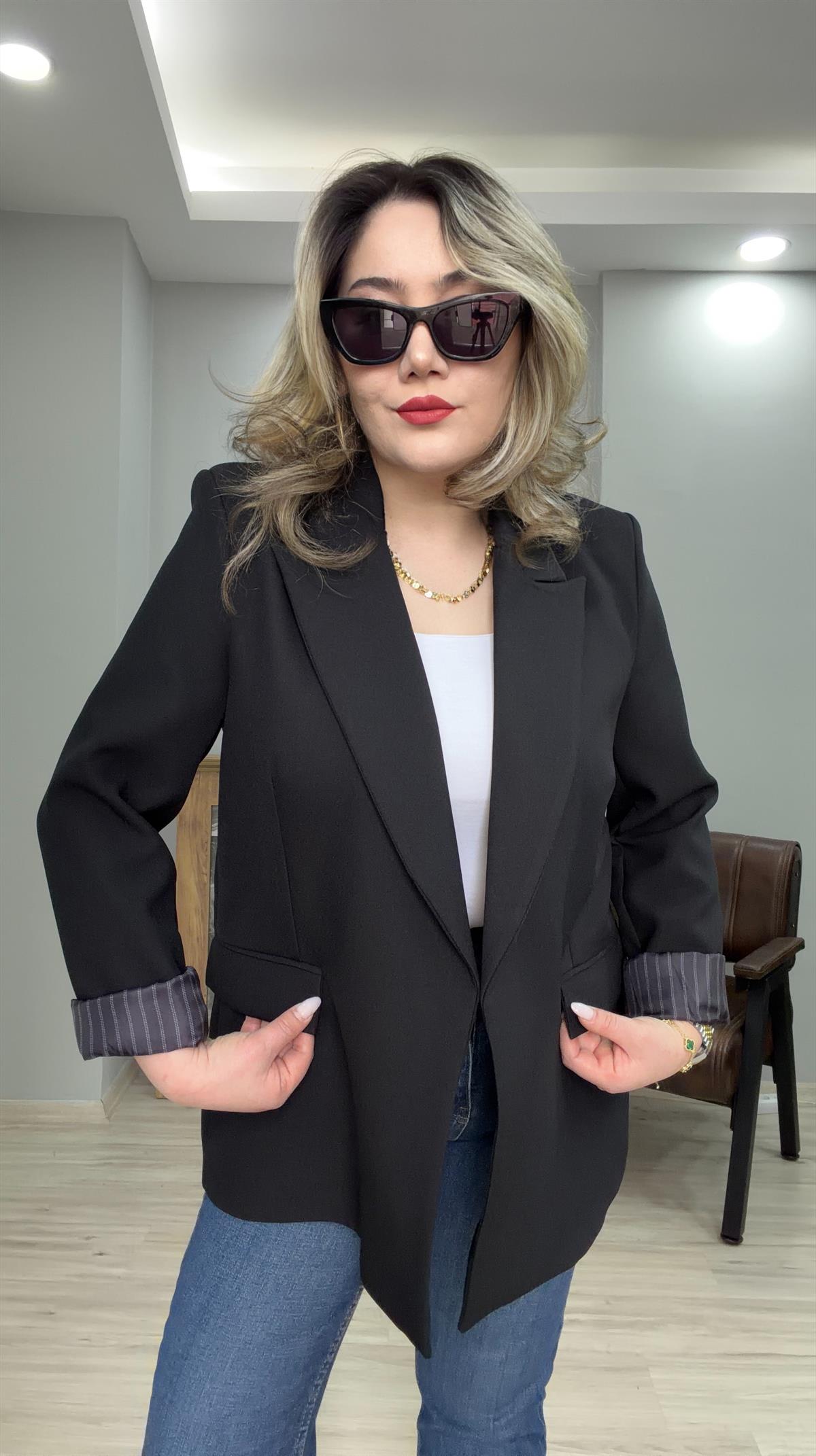 KOL KATMALI ÇİZGİLİ ASTARLI BLAZER CEKET SİYAH 