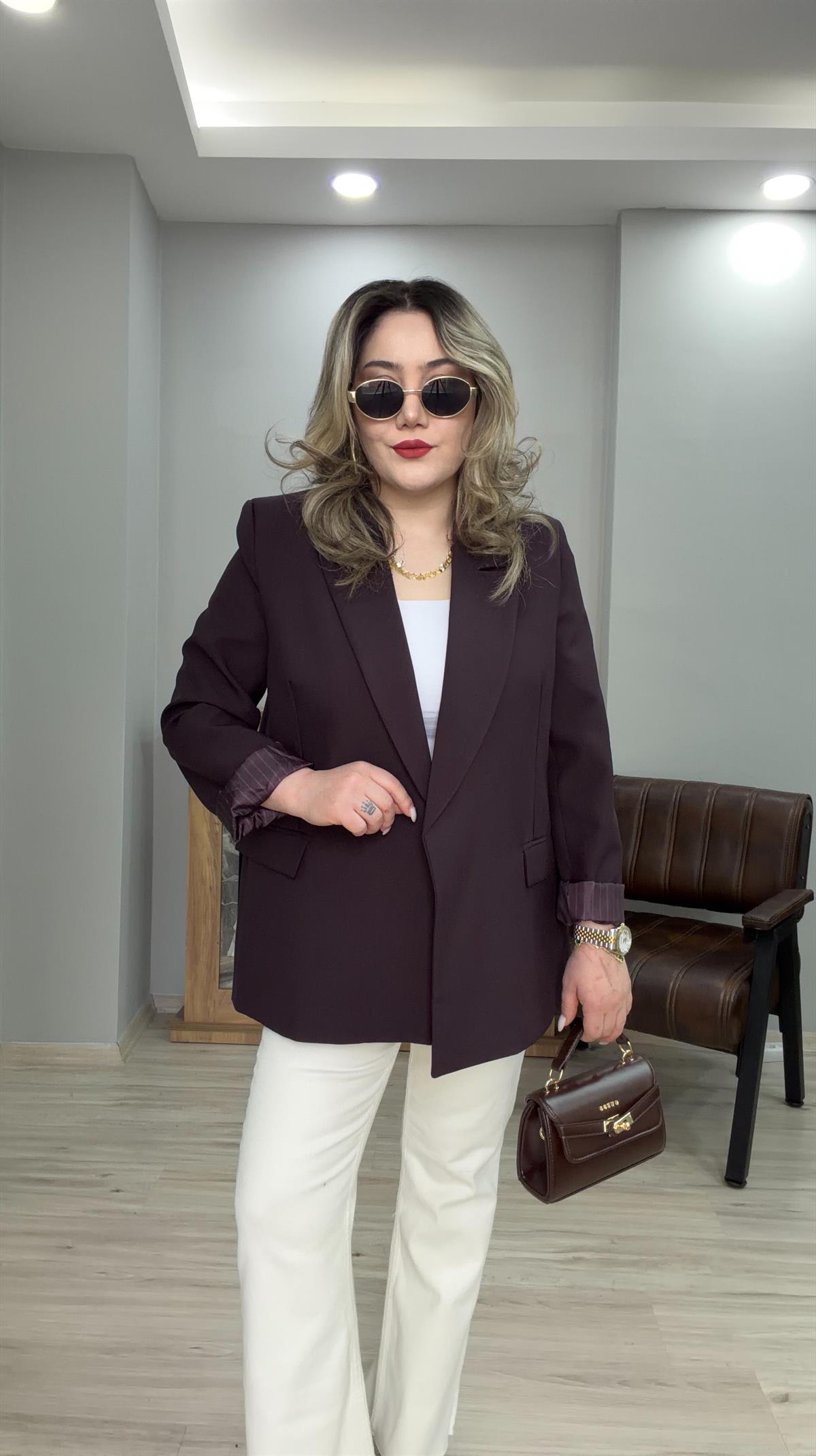 KOL KATMALI ÇİZGİLİ ASTARLI BLAZER CEKET MÜRDÜM 