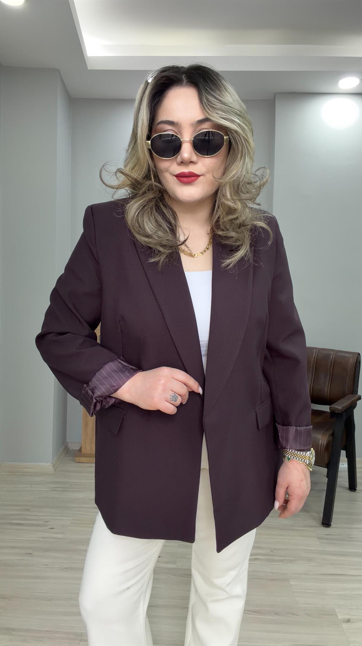 KOL KATMALI ÇİZGİLİ ASTARLI BLAZER CEKET MÜRDÜM 