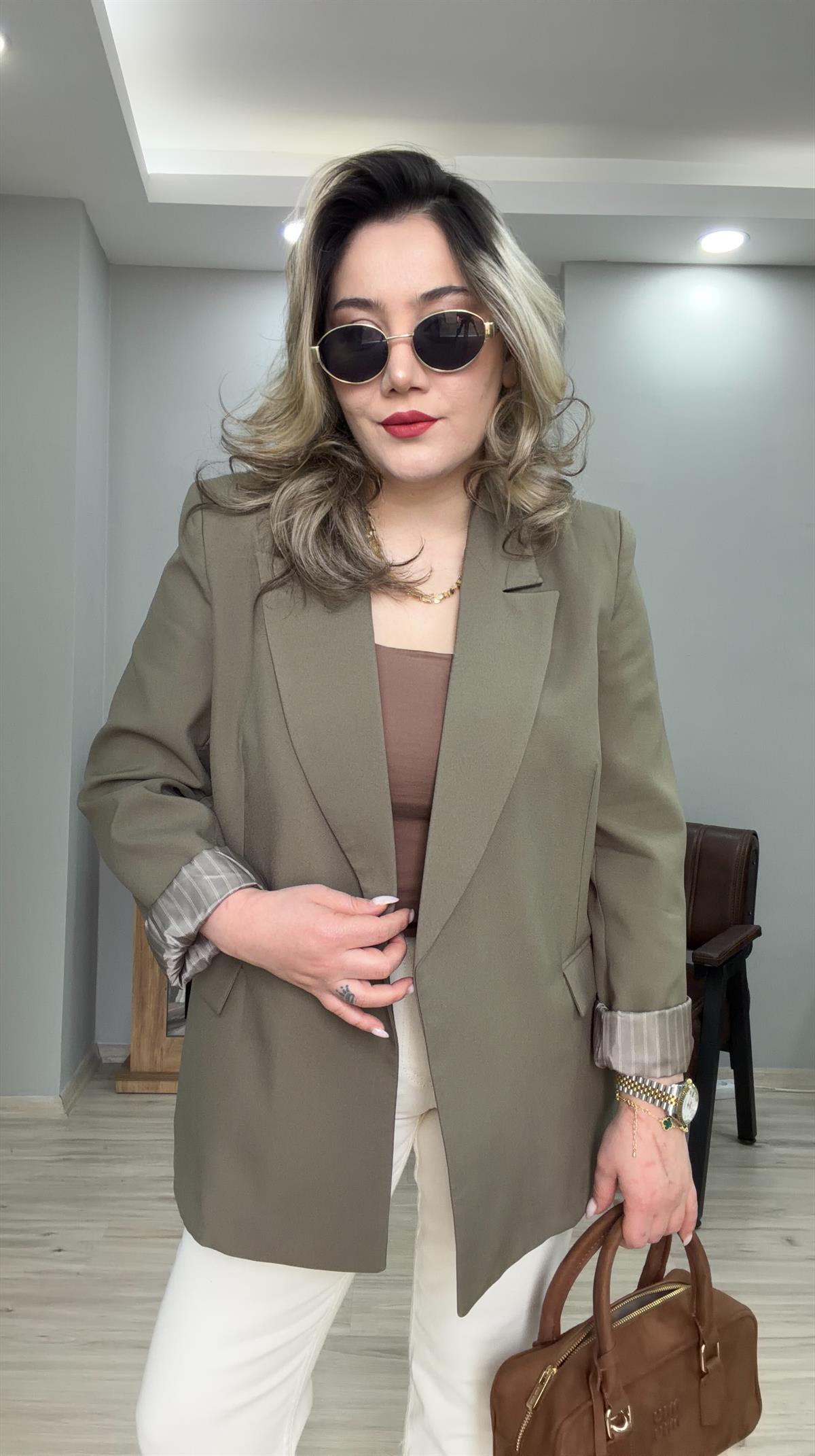 KOL KATMALI ÇİZGİLİ ASTARLI BLAZER CEKET HAKİ