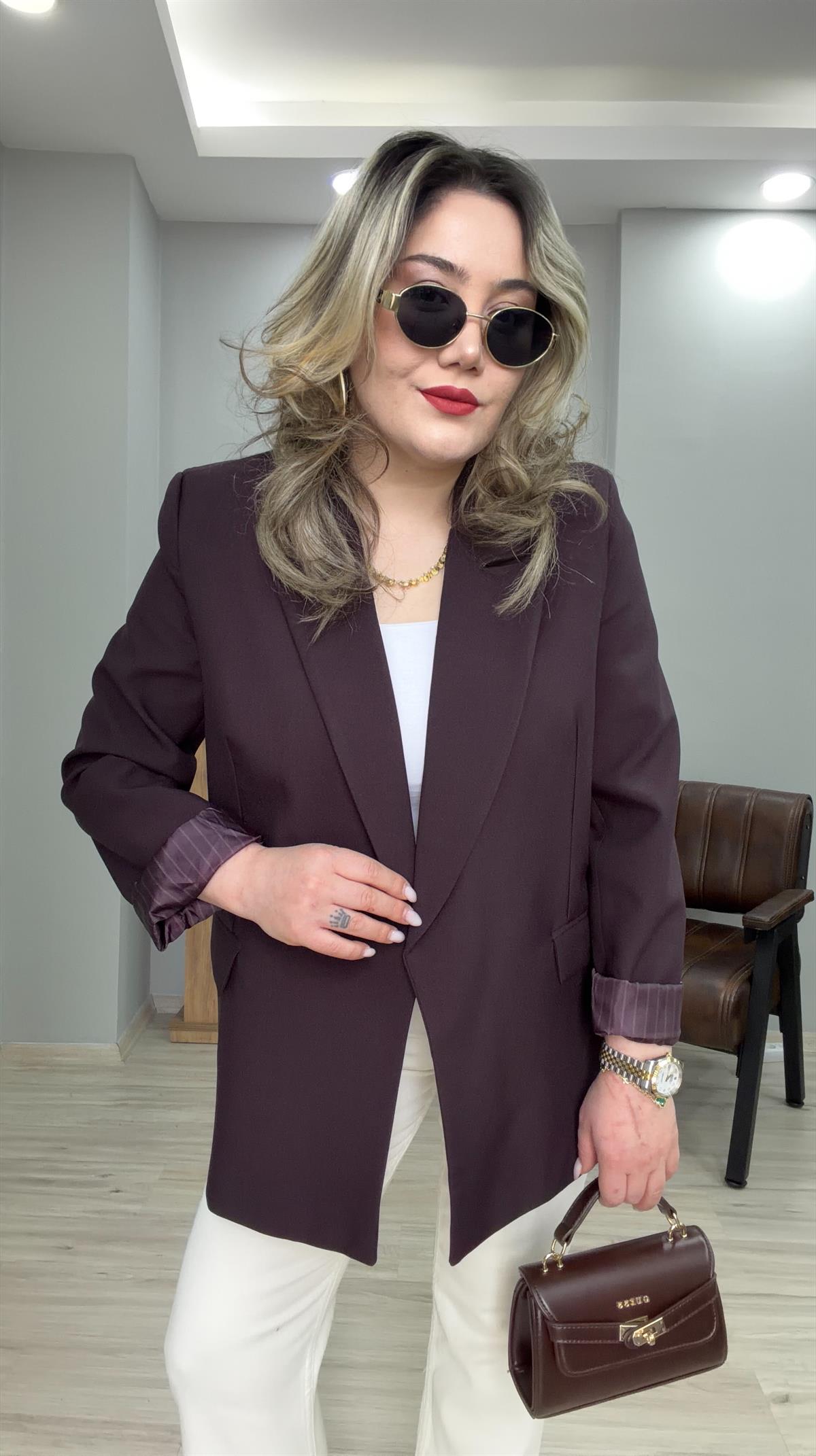 KOL KATMALI ÇİZGİLİ ASTARLI BLAZER CEKET MÜRDÜM 