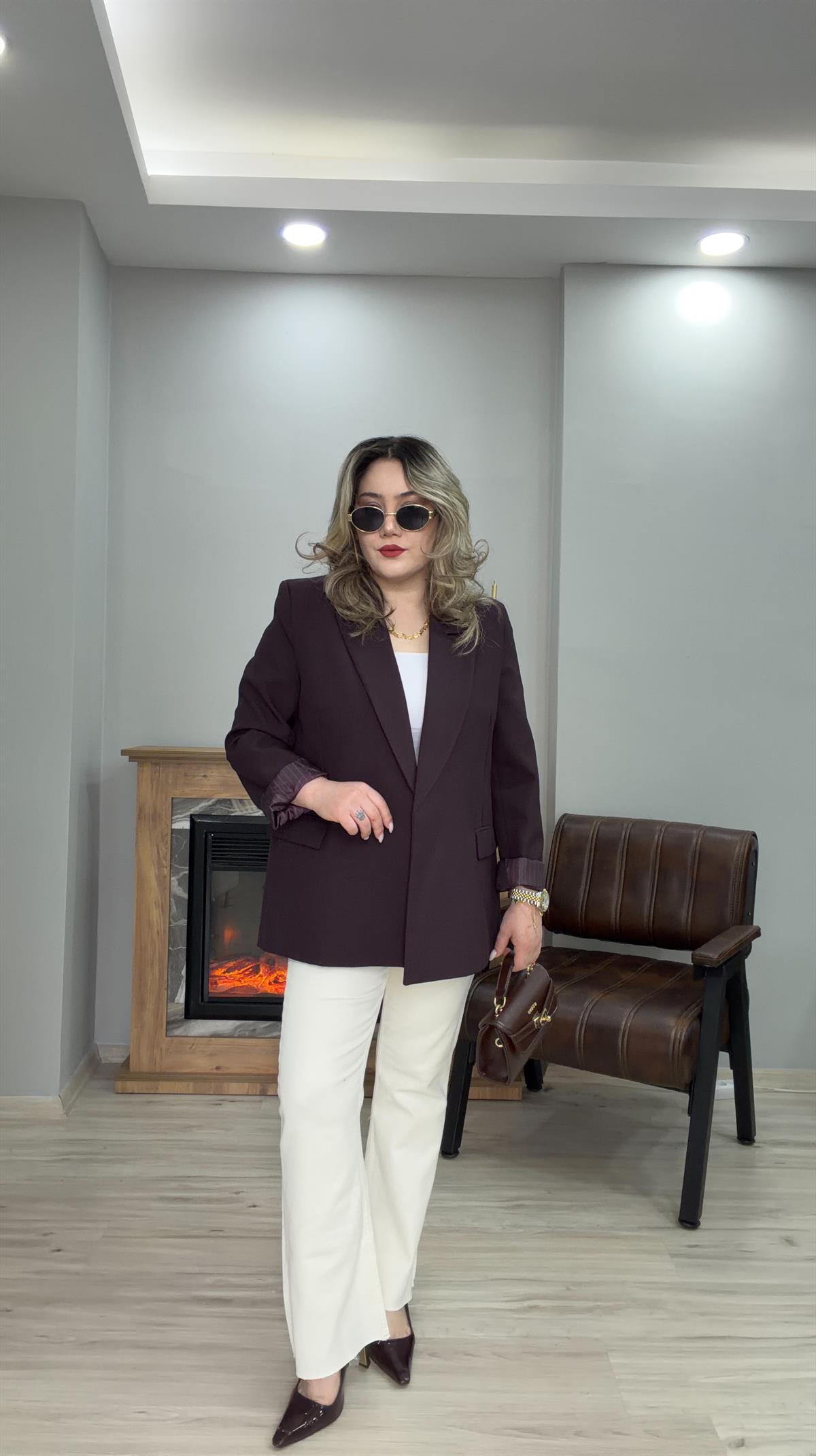 KOL KATMALI ÇİZGİLİ ASTARLI BLAZER CEKET MÜRDÜM 