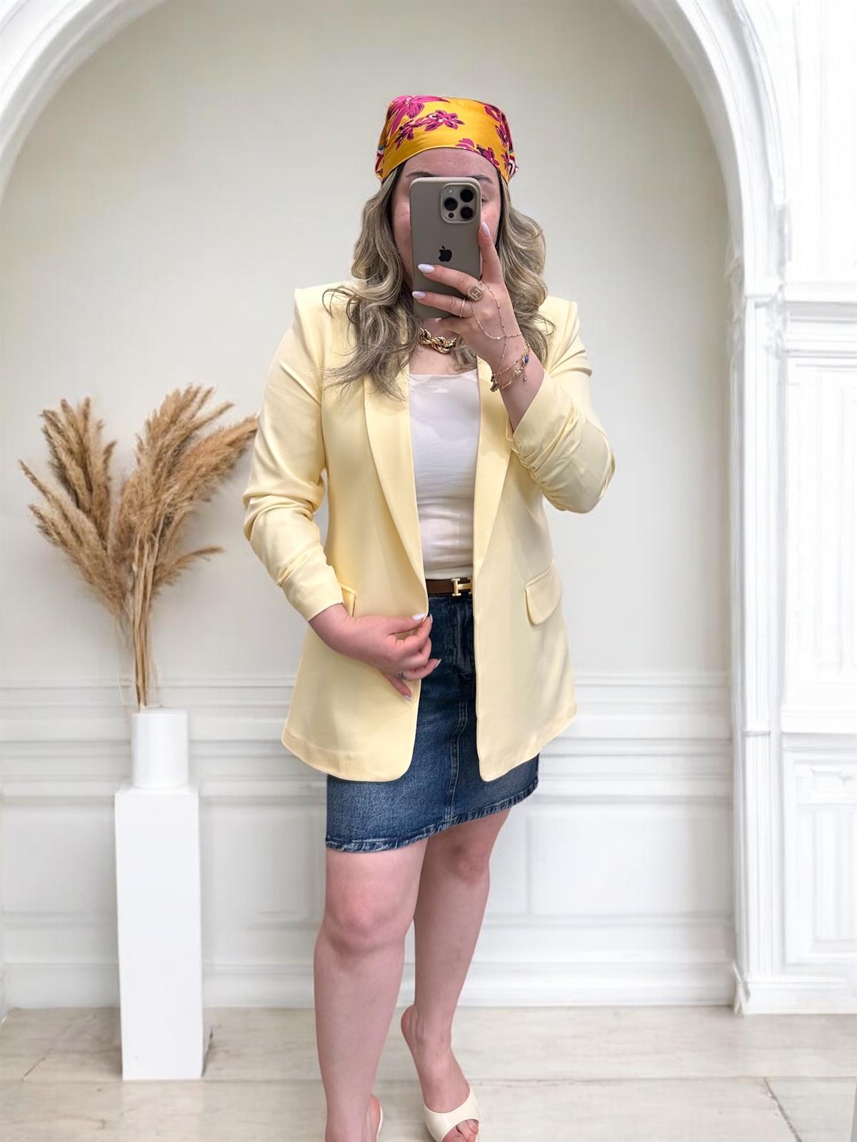 KOLLARI BÜZGÜLÜ BLAZER CEKET SARI 