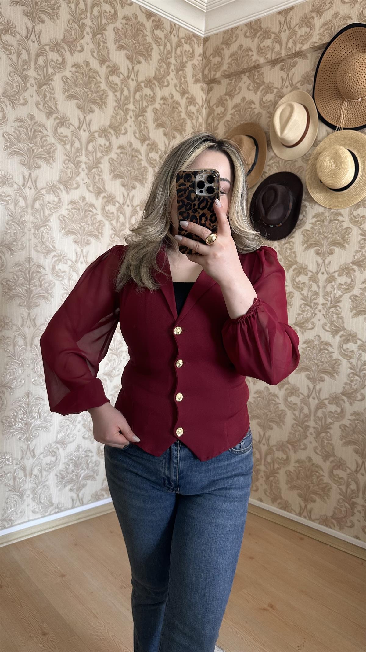 KOLLARI ŞİFON GOLD DÜĞMELİ GÖMLEK CEKET BORDO