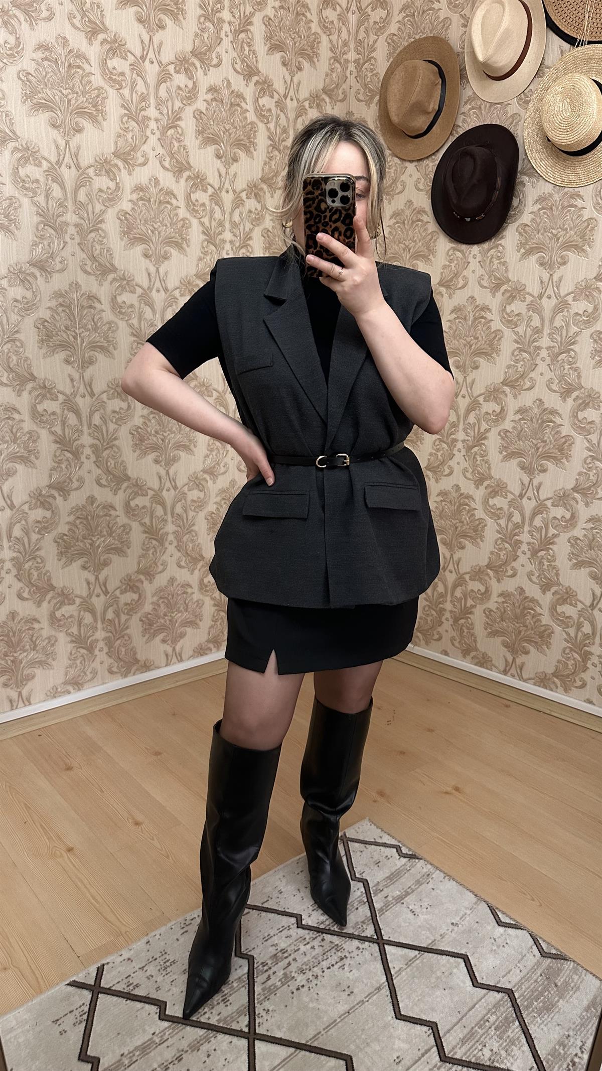 KOLSUZ KEMERLİ BLAZER CEKET YELEK ANTRASİT