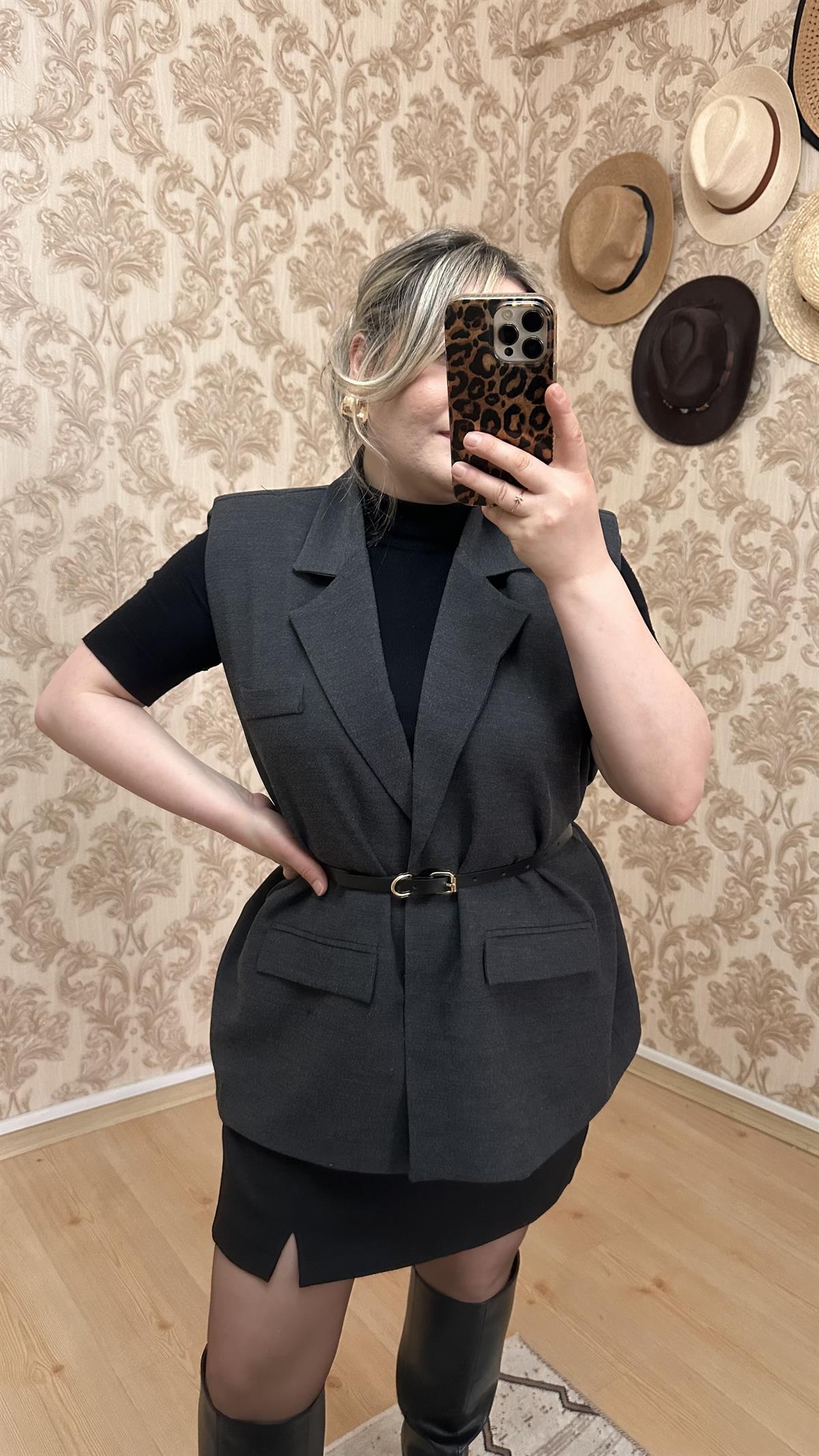 KOLSUZ KEMERLİ BLAZER CEKET YELEK ANTRASİT