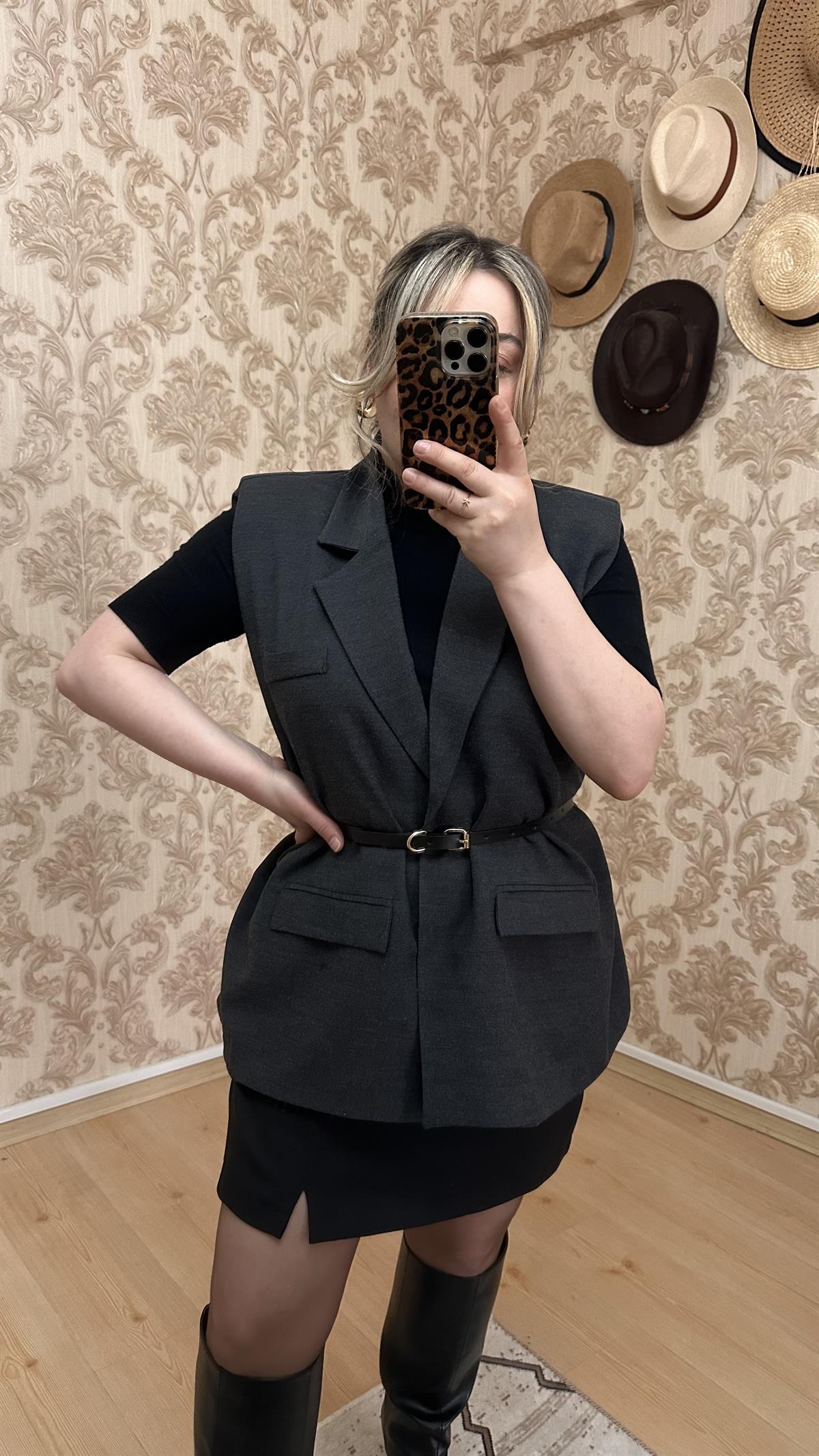 KOLSUZ KEMERLİ BLAZER CEKET YELEK ANTRASİT