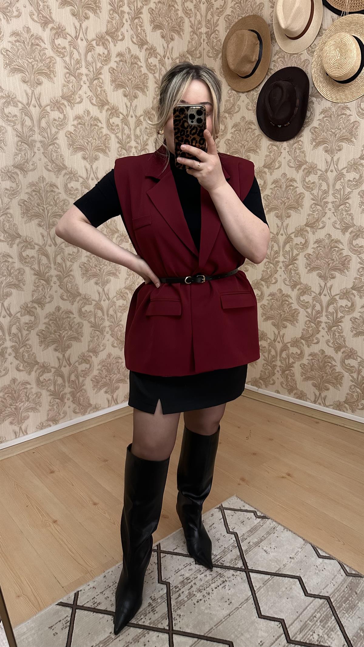 KOLSUZ KEMERLİ BLAZER CEKET YELEK BORDO