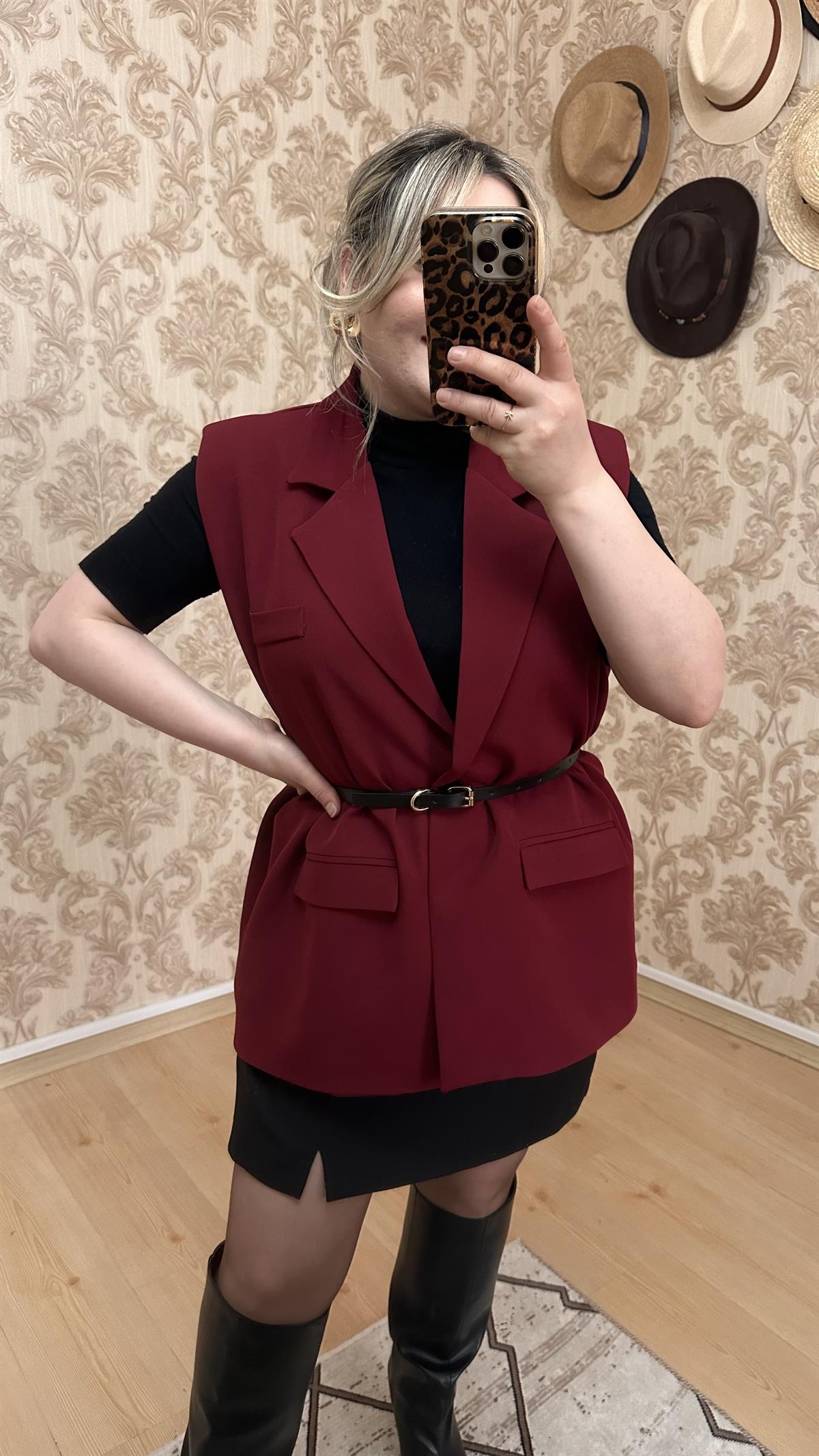 KOLSUZ KEMERLİ BLAZER CEKET YELEK BORDO