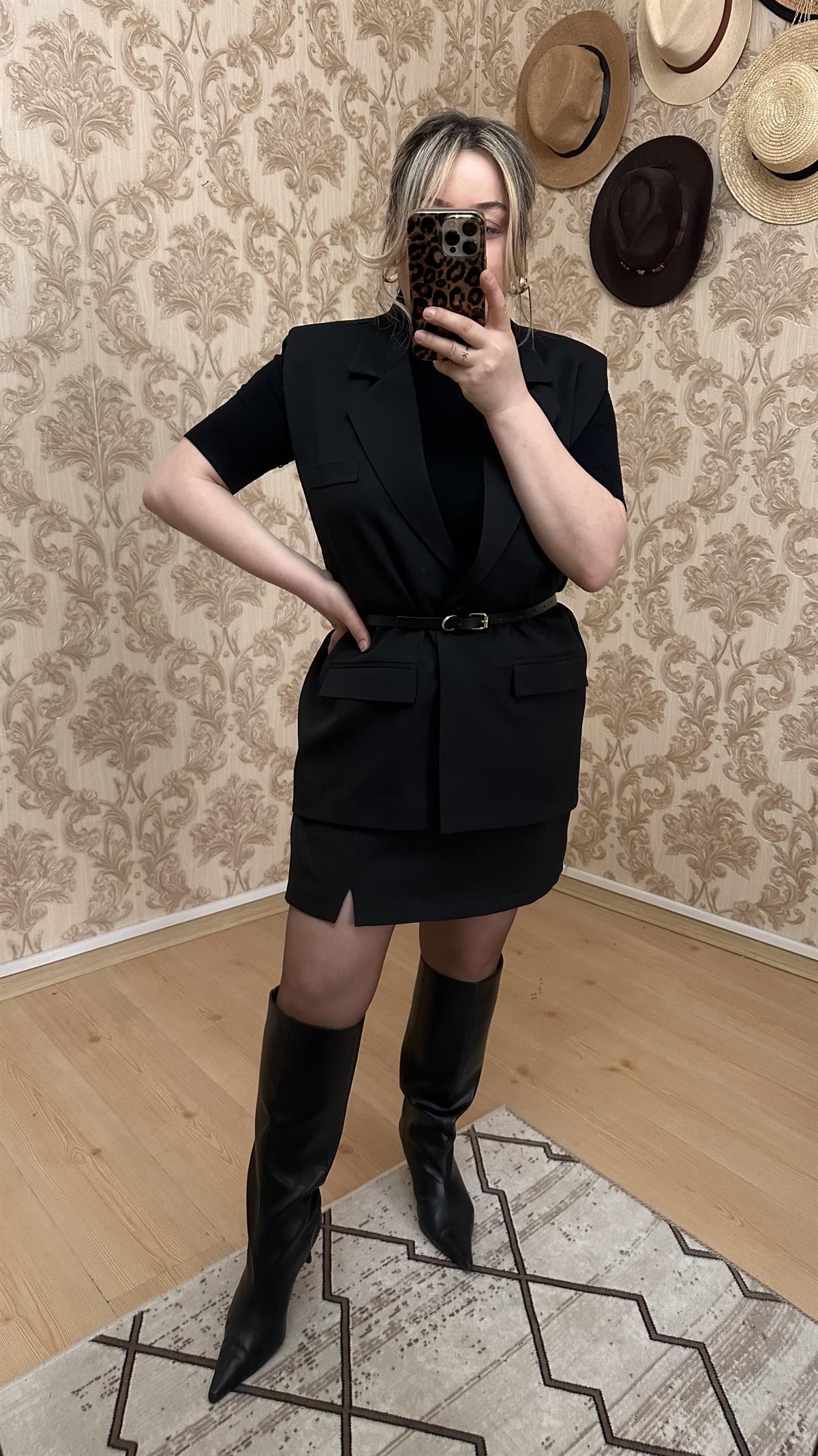 KOLSUZ KEMERLİ BLAZER CEKET YELEK SİYAH