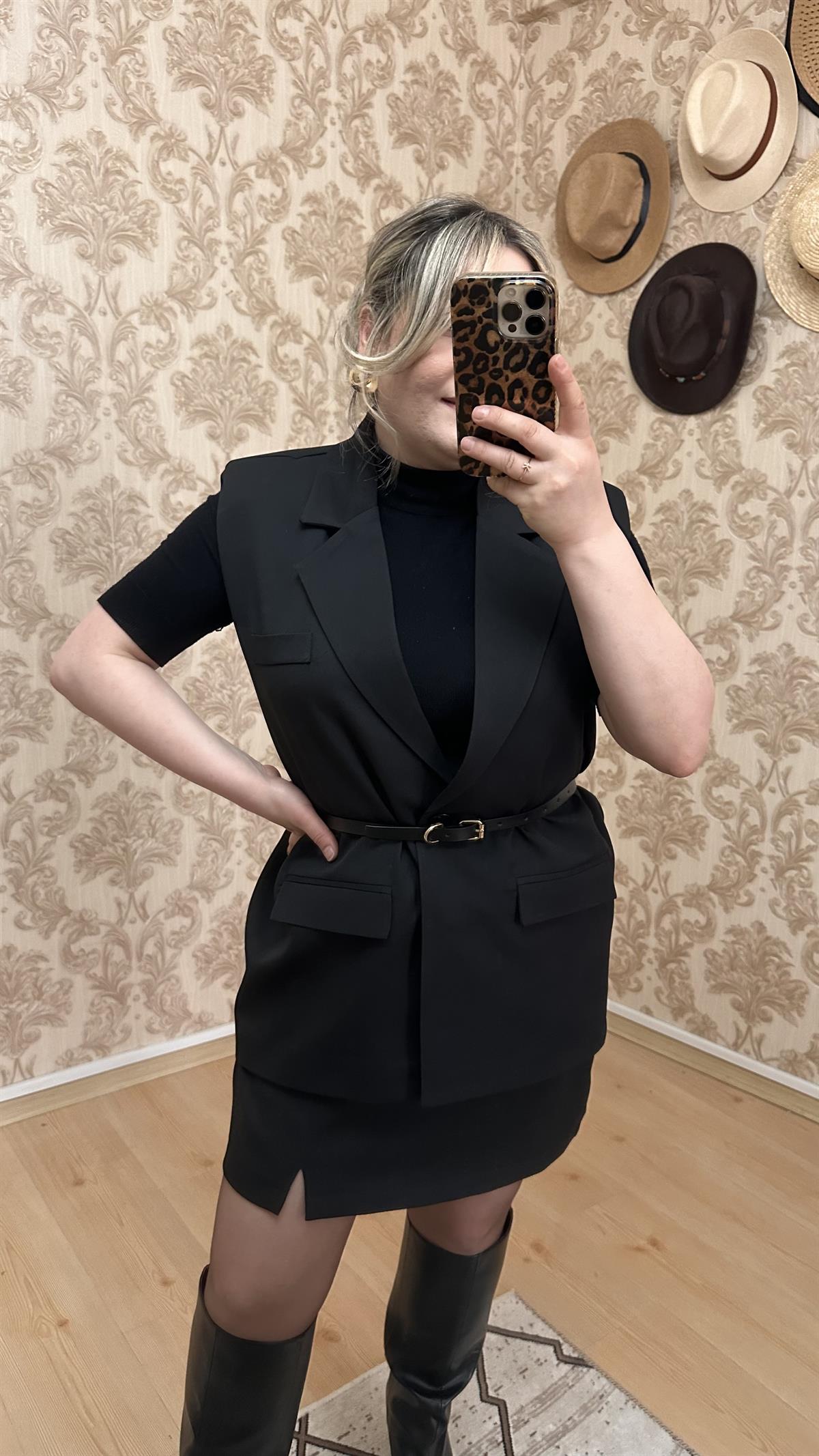 KOLSUZ KEMERLİ BLAZER CEKET YELEK SİYAH