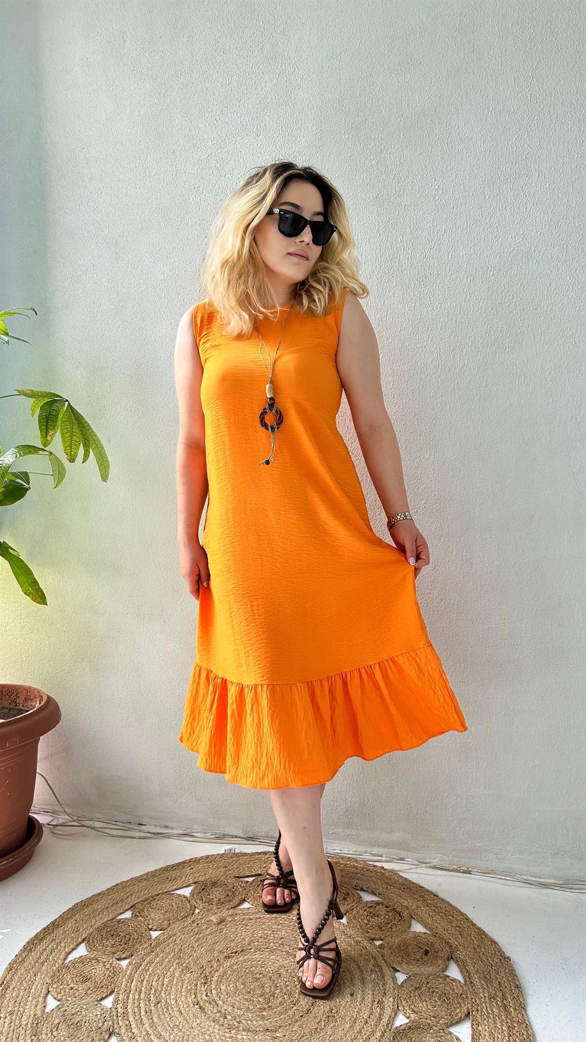 Kolyeli Altı Volanlı Midi Elbise Orange