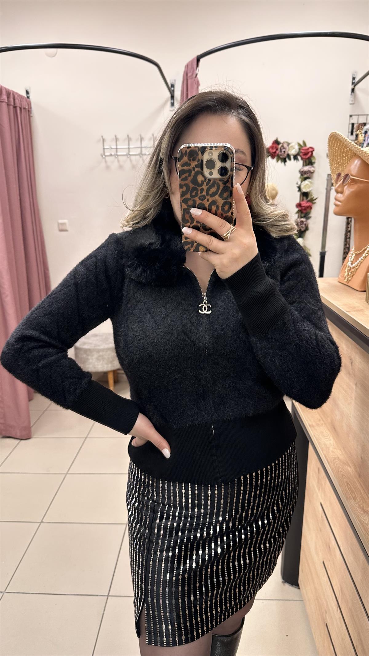 KÜRK YAKA FERMUARLI ANGORA HIRKA SİYAH