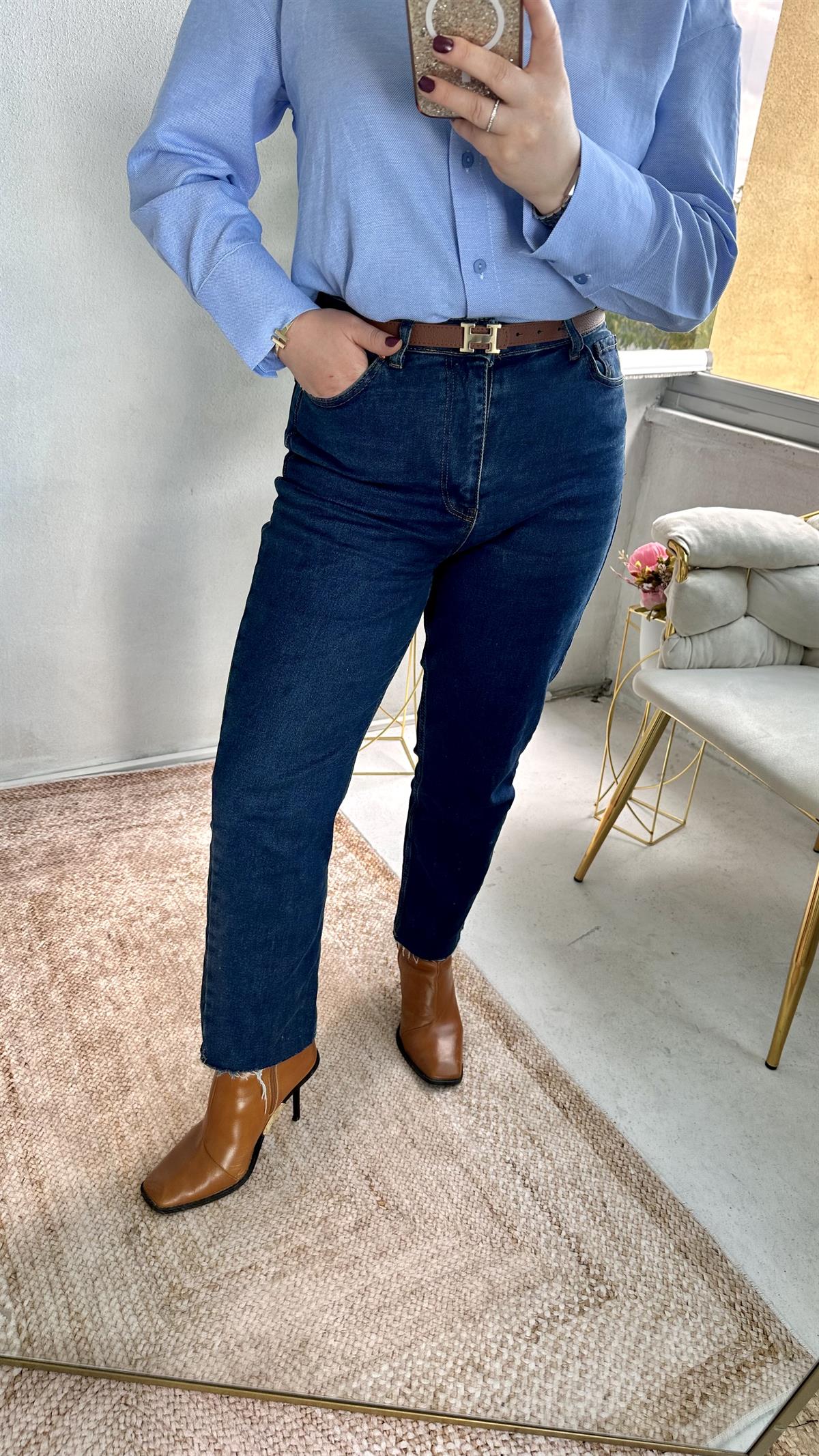 Lacivert Boy Fit Kesik Paça Jean
