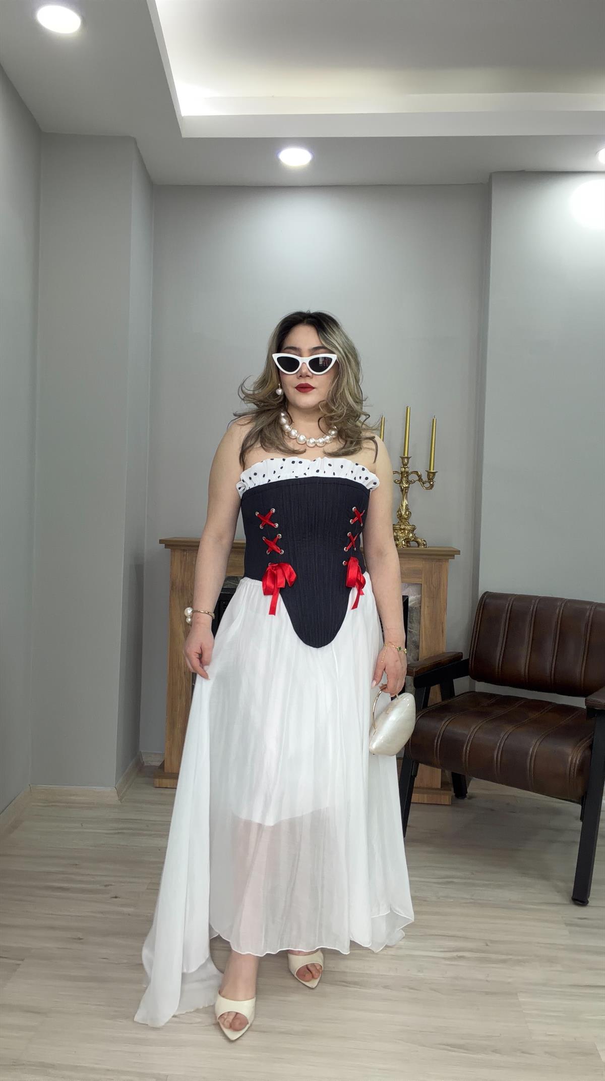 LACİVERT KURDELE DETAYLI DENİM KORSE BLUZ
