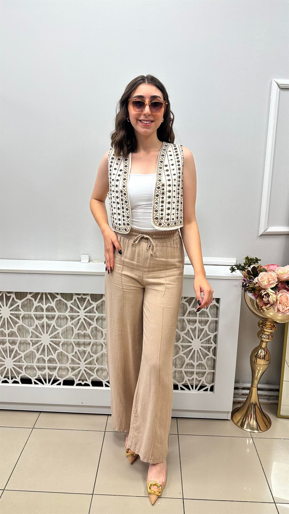 LASTİKLİ YÜKSEK BEL İÇ ASTARLI KETEN PANTALON CAMEL