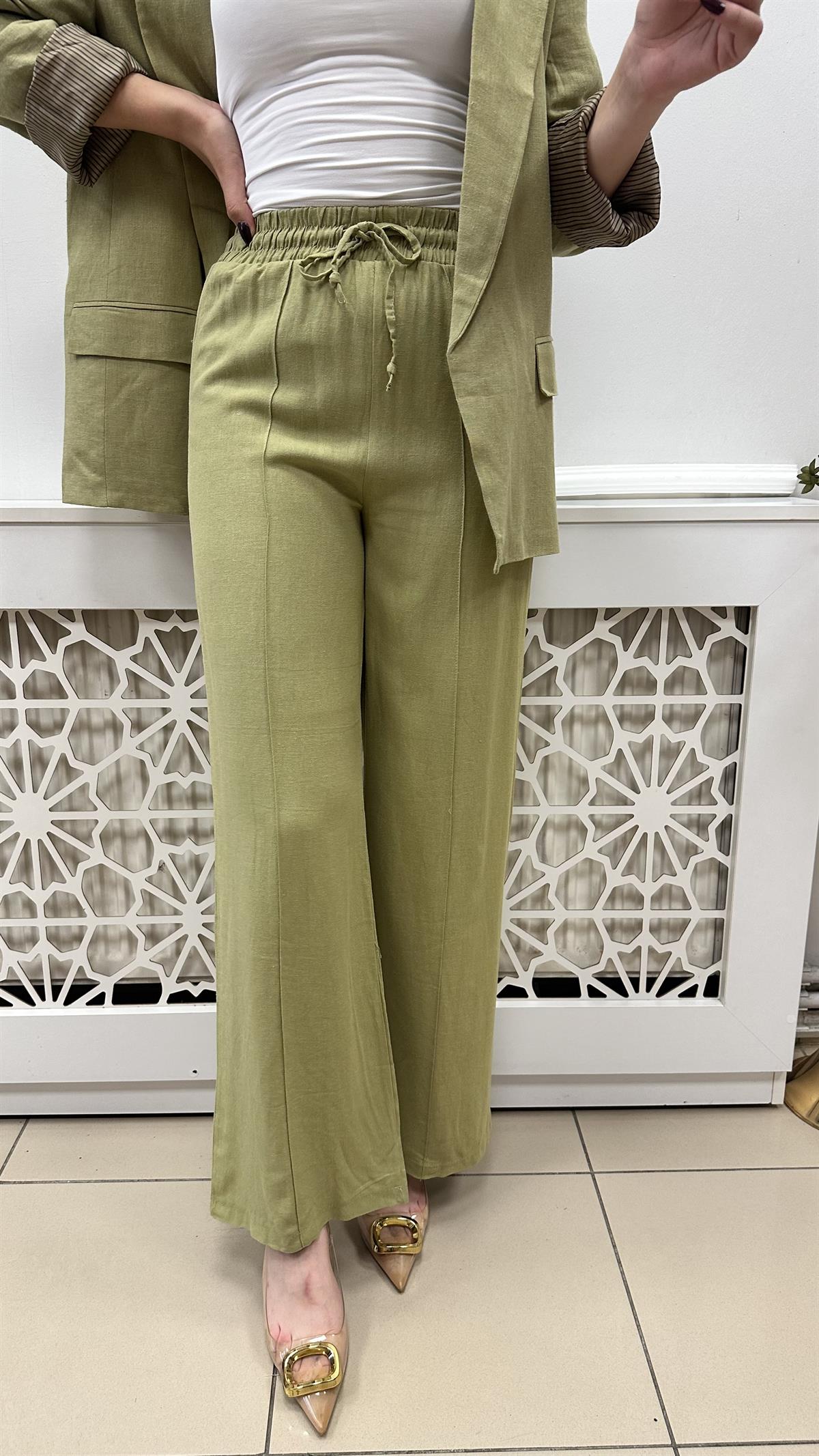 LASTİKLİ YÜKSEK BEL İÇ ASTARLI KETEN PANTALON YEŞİL
