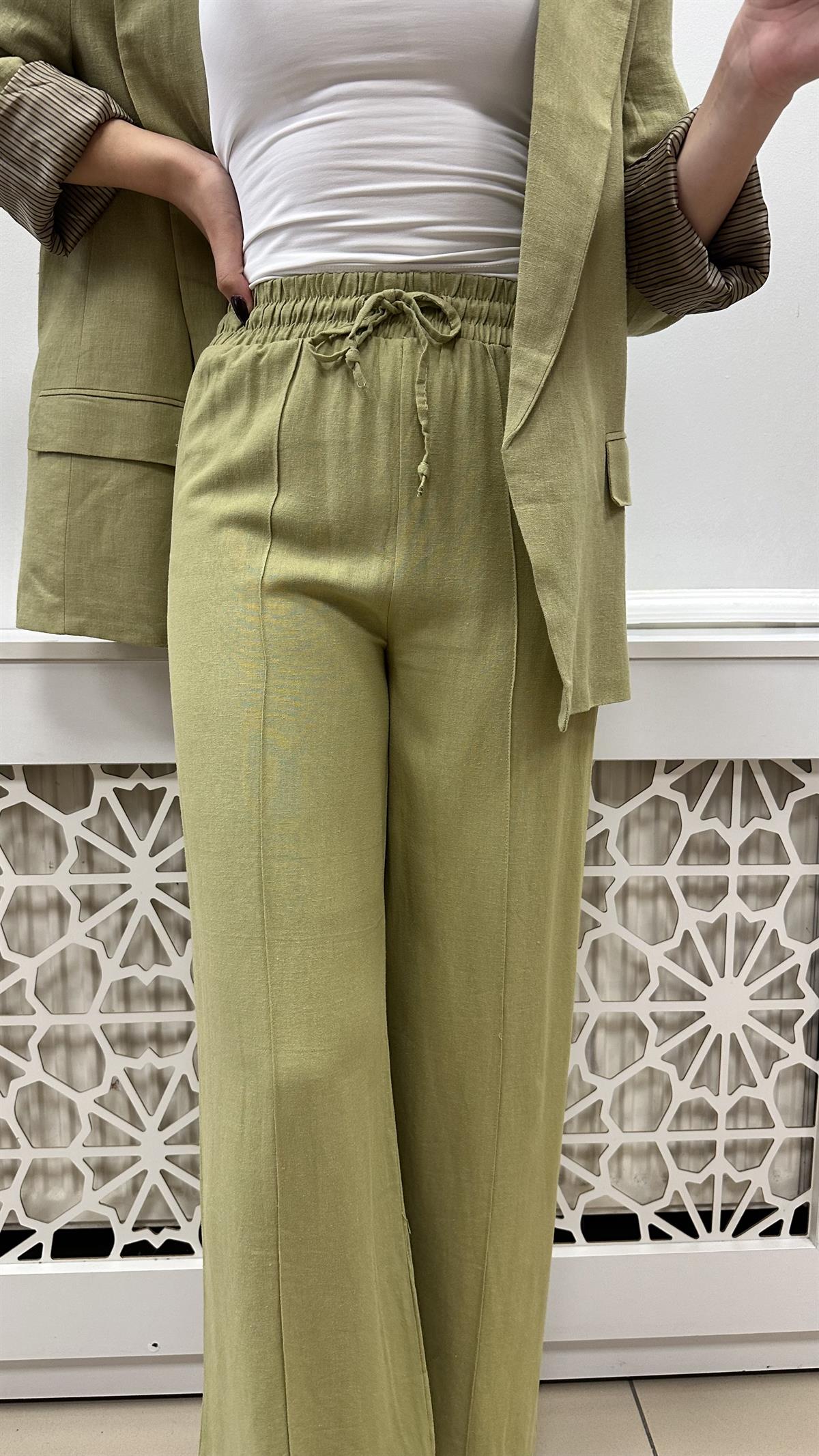 LASTİKLİ YÜKSEK BEL İÇ ASTARLI KETEN PANTALON YEŞİL