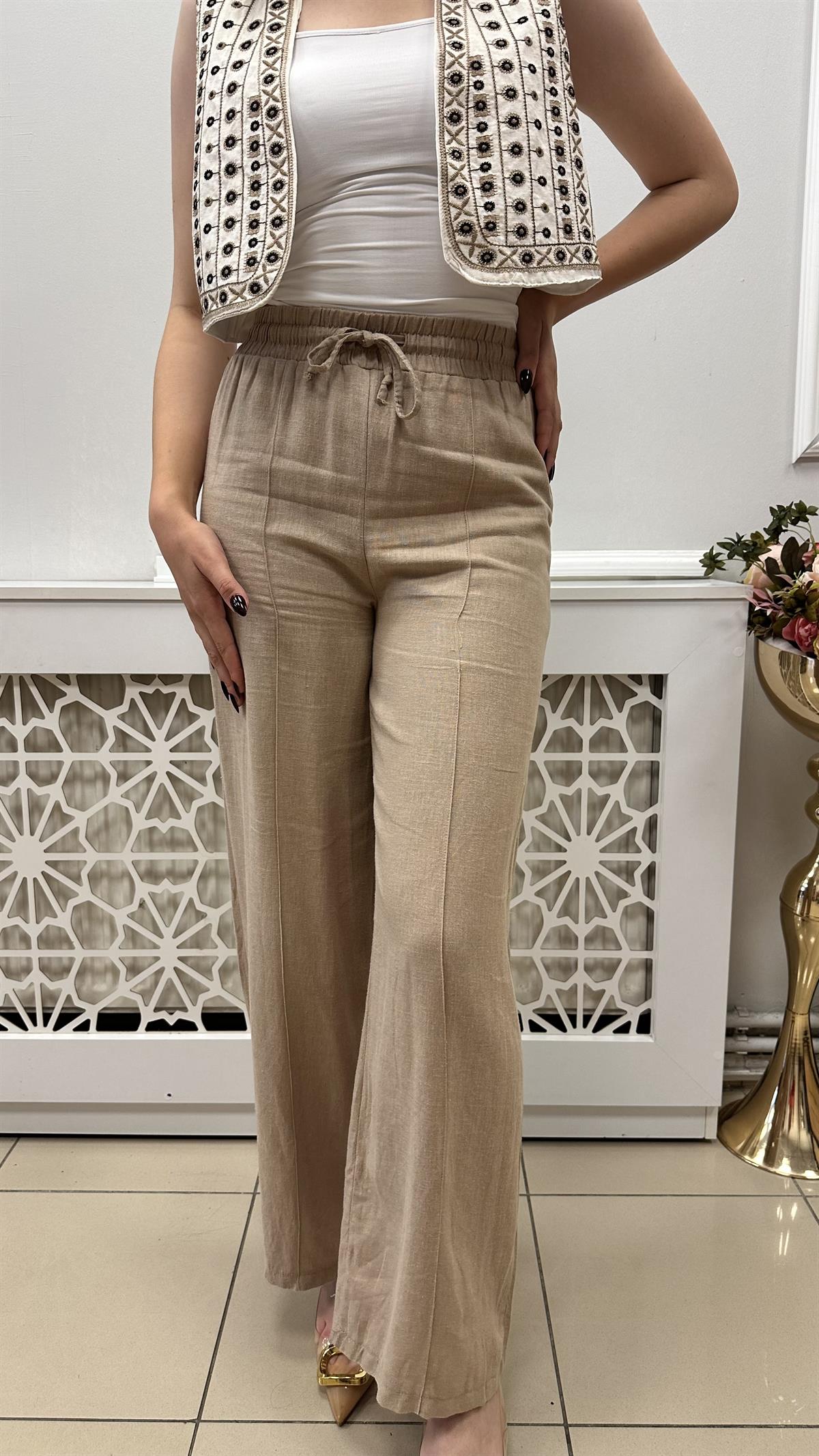LASTİKLİ YÜKSEK BEL İÇ ASTARLI KETEN PANTALON CAMEL