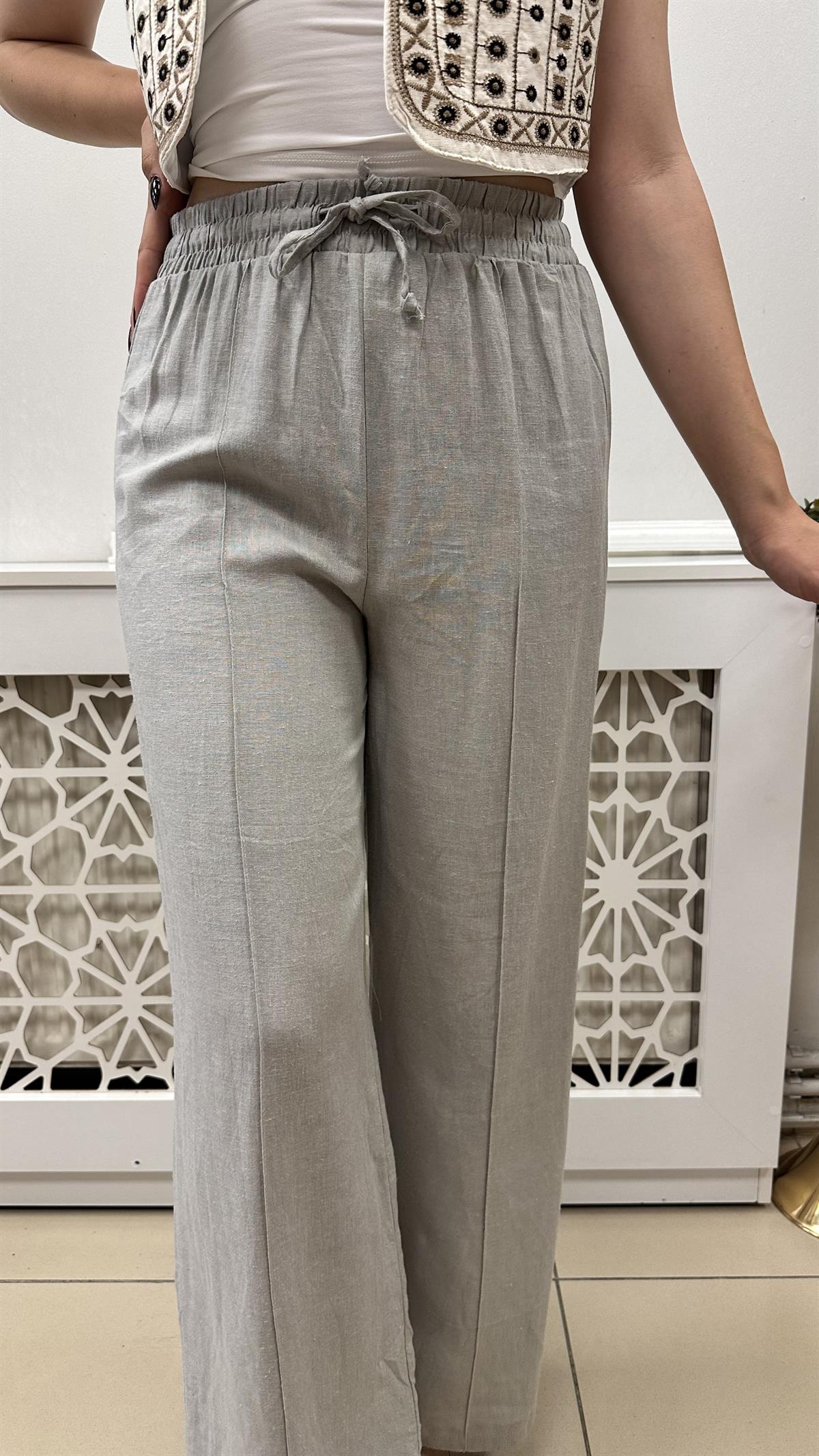 LASTİKLİ YÜKSEK BEL İÇ ASTARLI KETEN PANTALON GRİ