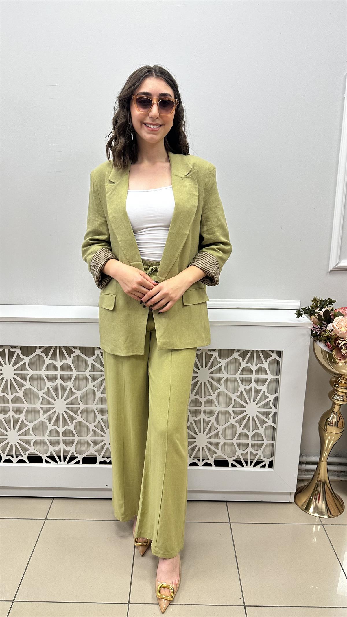 LASTİKLİ YÜKSEK BEL İÇ ASTARLI KETEN PANTALON YEŞİL