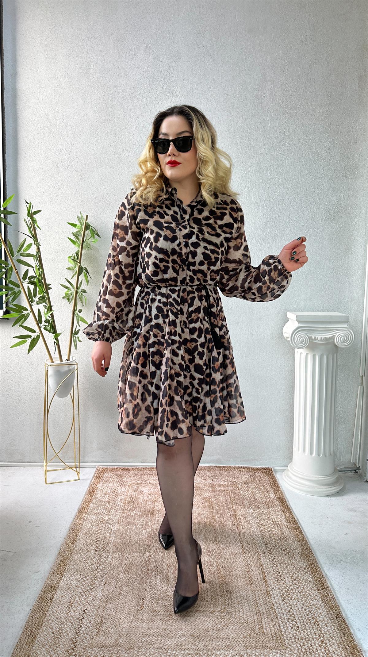 Leopar Desen Altı Volanlı Şifon Elbise