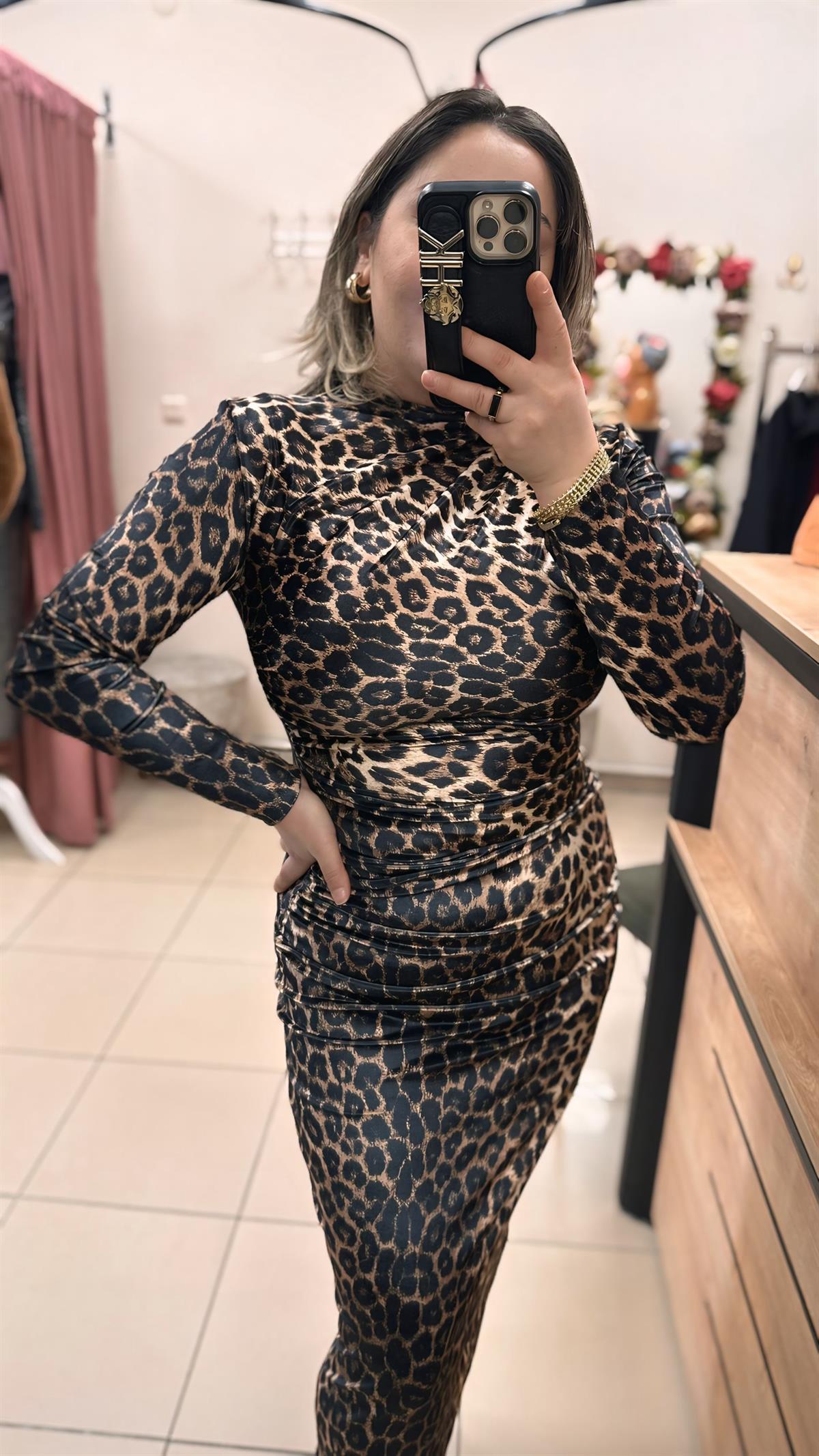 LEOPAR DESEN DRAPELİ KADİFE ELBİSE 