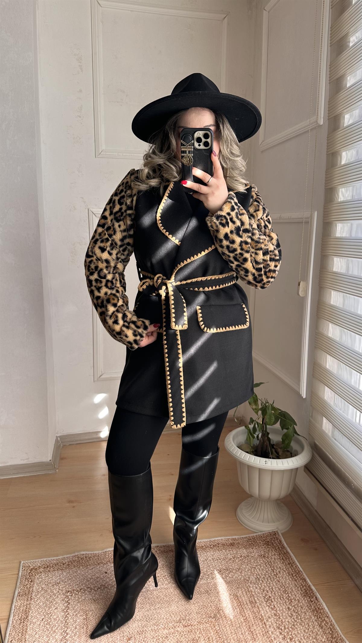 LEOPAR DESEN KAŞE KUŞAKLI CEKET