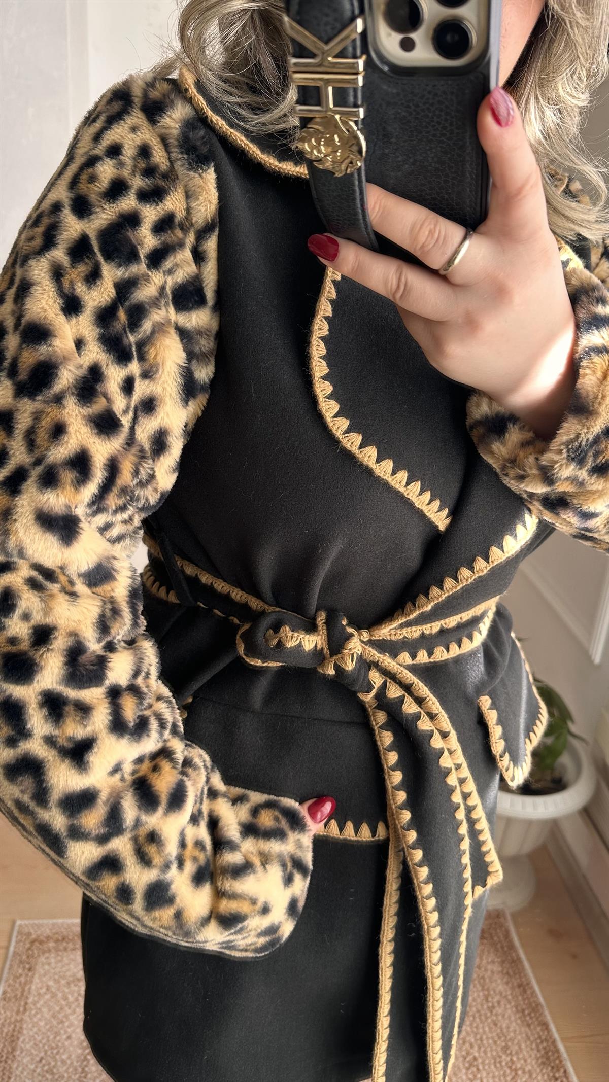 LEOPAR DESEN KAŞE KUŞAKLI CEKET