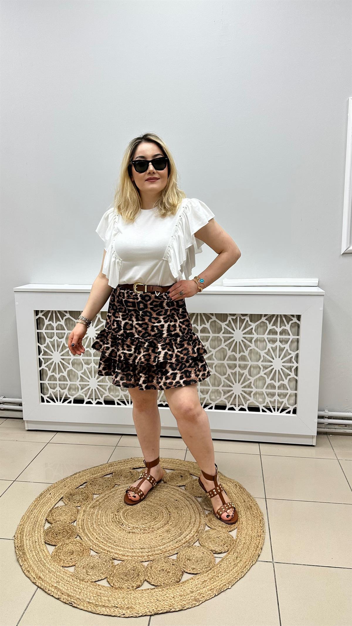 Leopar Desen Katlı Kısa Etek