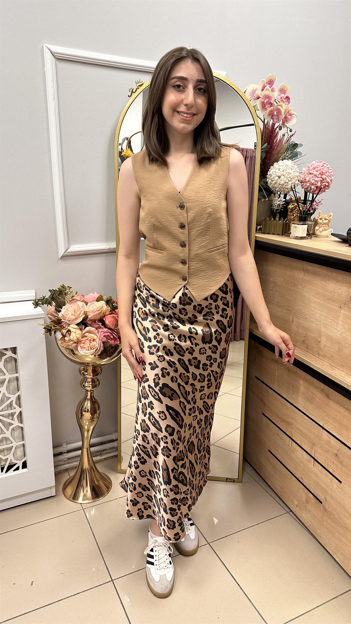 LEOPAR DESEN SATEN ETEK MİDİ BOY KAHVE