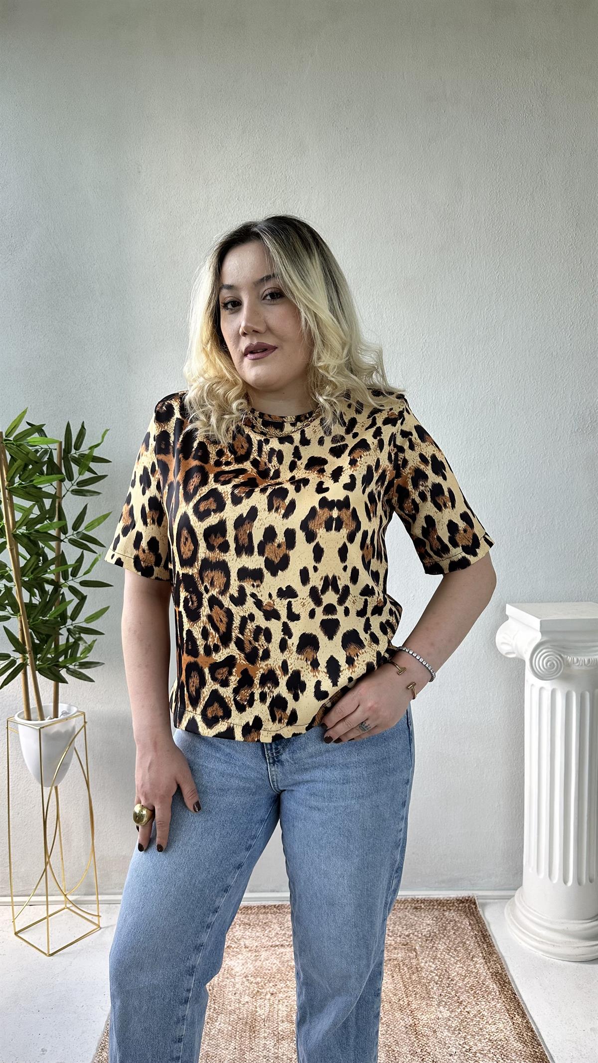 Leopar Desen Vatkalı Bluz